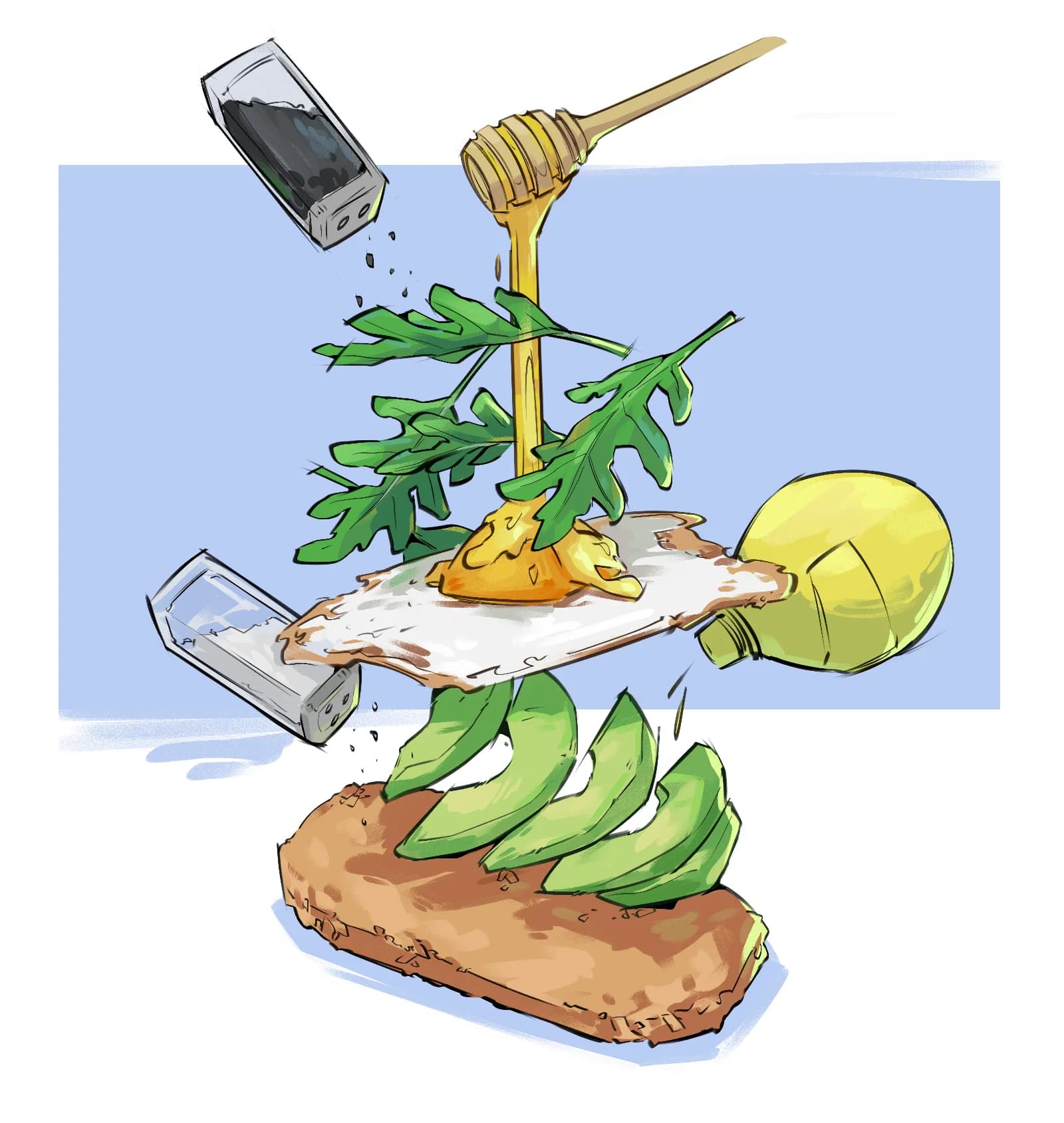 Deconstructed still life illustration of avocado toast with a honey drizzle, arugula, lemon, and salt and pepper shakers suspended mid-motion