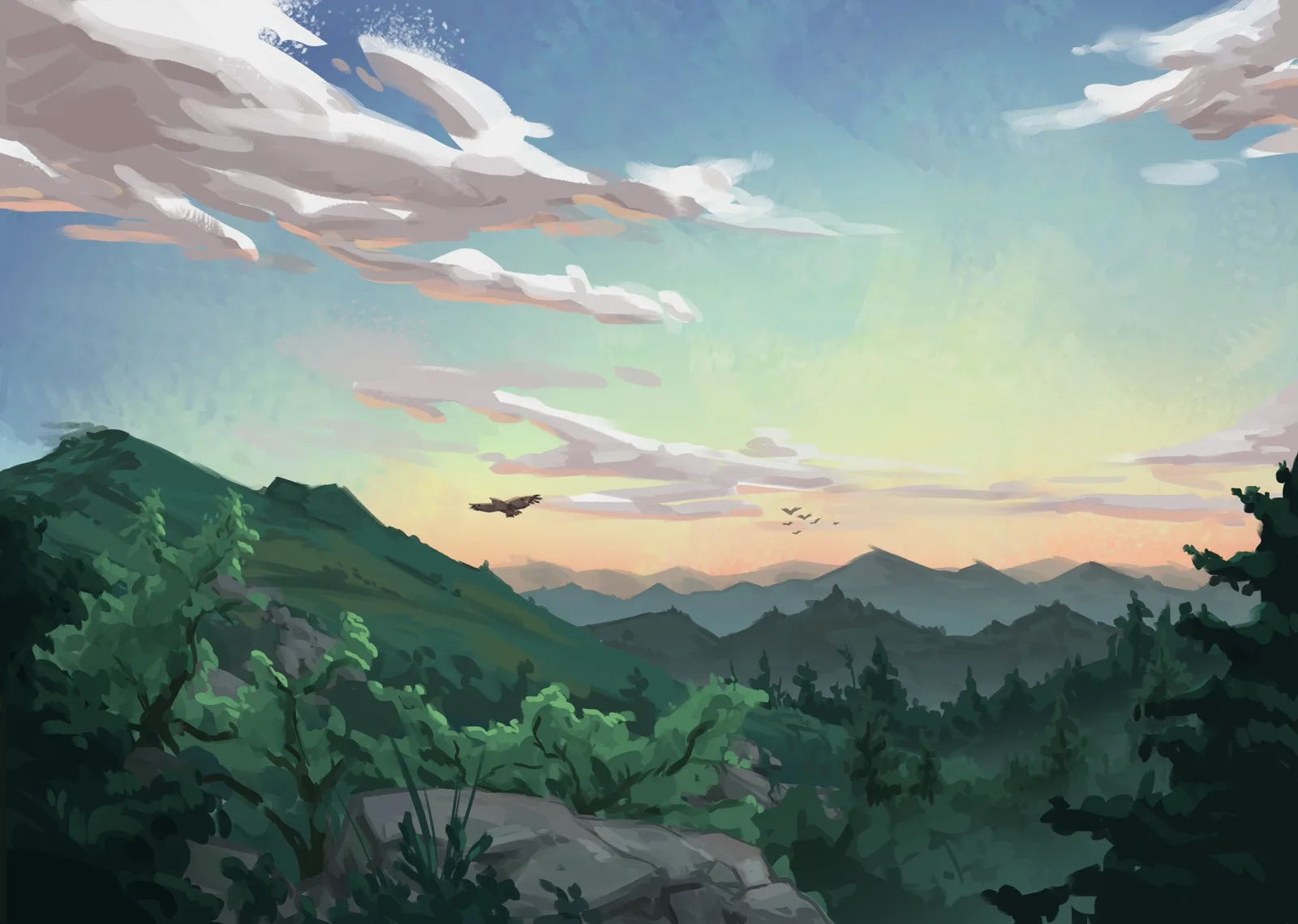 Clean full wraparound illustration for the 'Walking to Dinner on the Appalachian Trail' book cover, without title text, showing a sunrise over silhouetted mountain ridges with a hawk flying above the forest