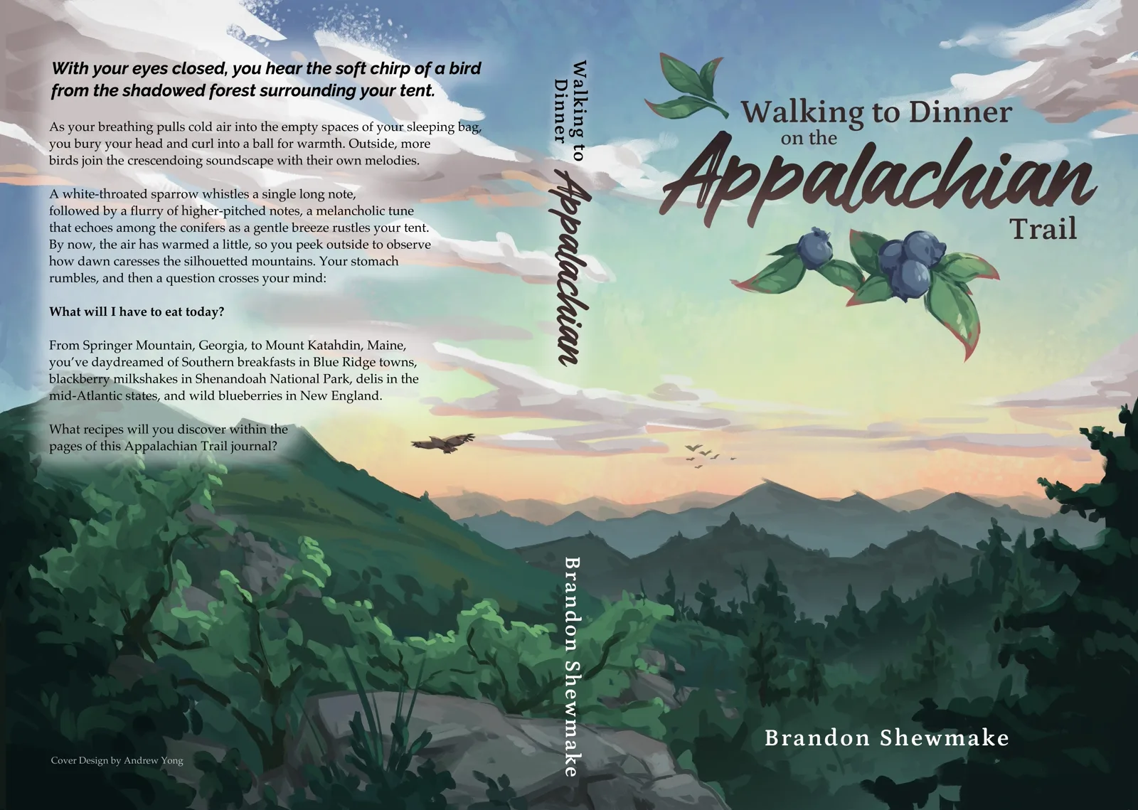 Full wraparound book cover for 'Walking to Dinner on the Appalachian Trail' by Brandon Shewmake, featuring a sunrise over silhouetted mountain ridges with a hawk flying above the forest