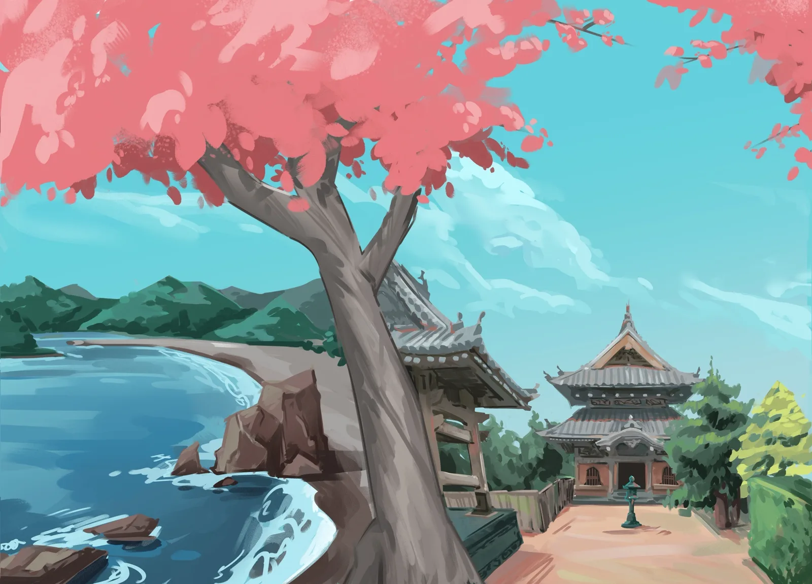 Clean full wraparound illustration for the 'Walking to Dinner on the Shikoku Pilgrimage' book cover, without title text, showing a cherry blossom tree framing a Japanese temple overlooking a coastal bay
