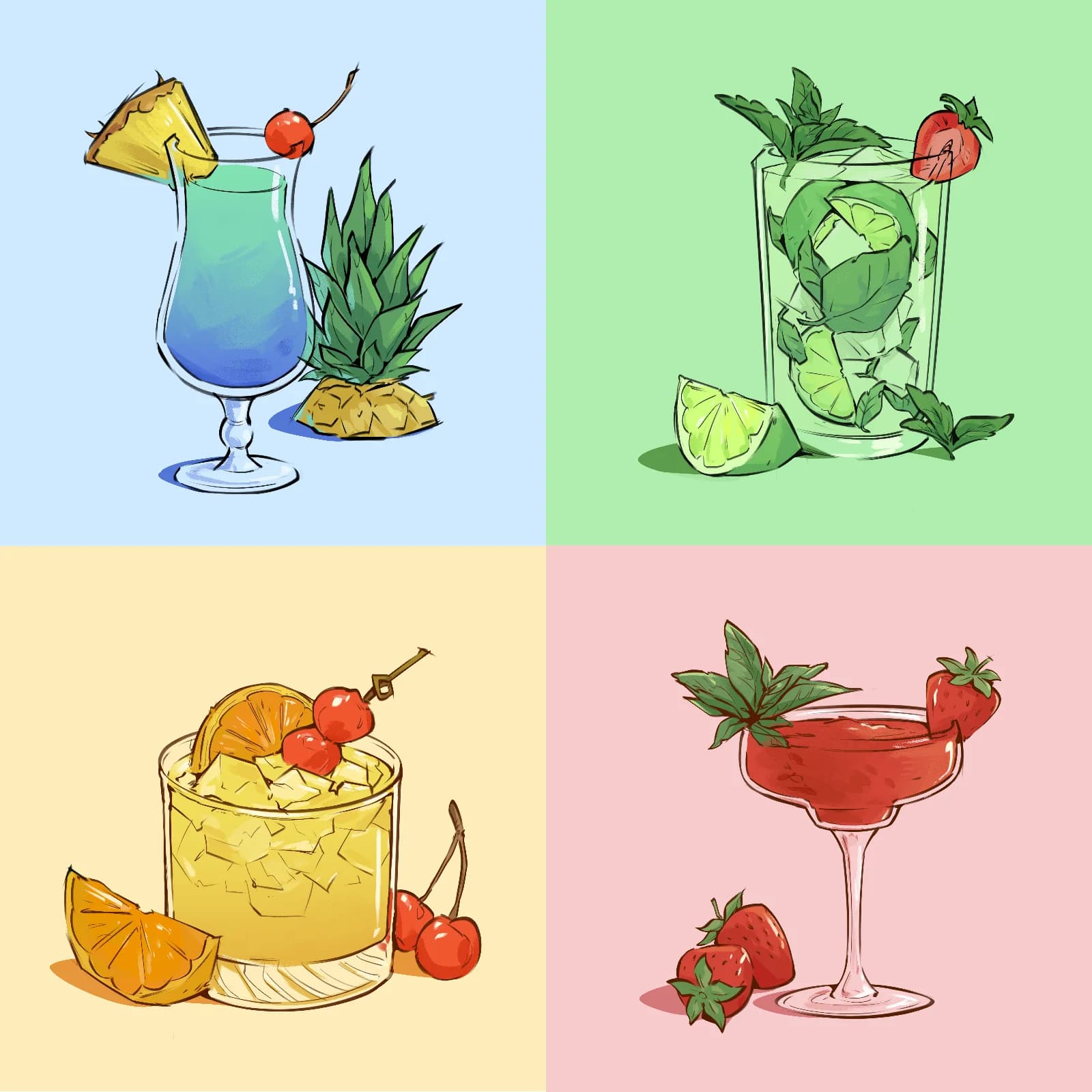 Four-panel illustration of classic cocktails: a blue tropical drink, a mojito, a whiskey sour, and a strawberry daiquiri