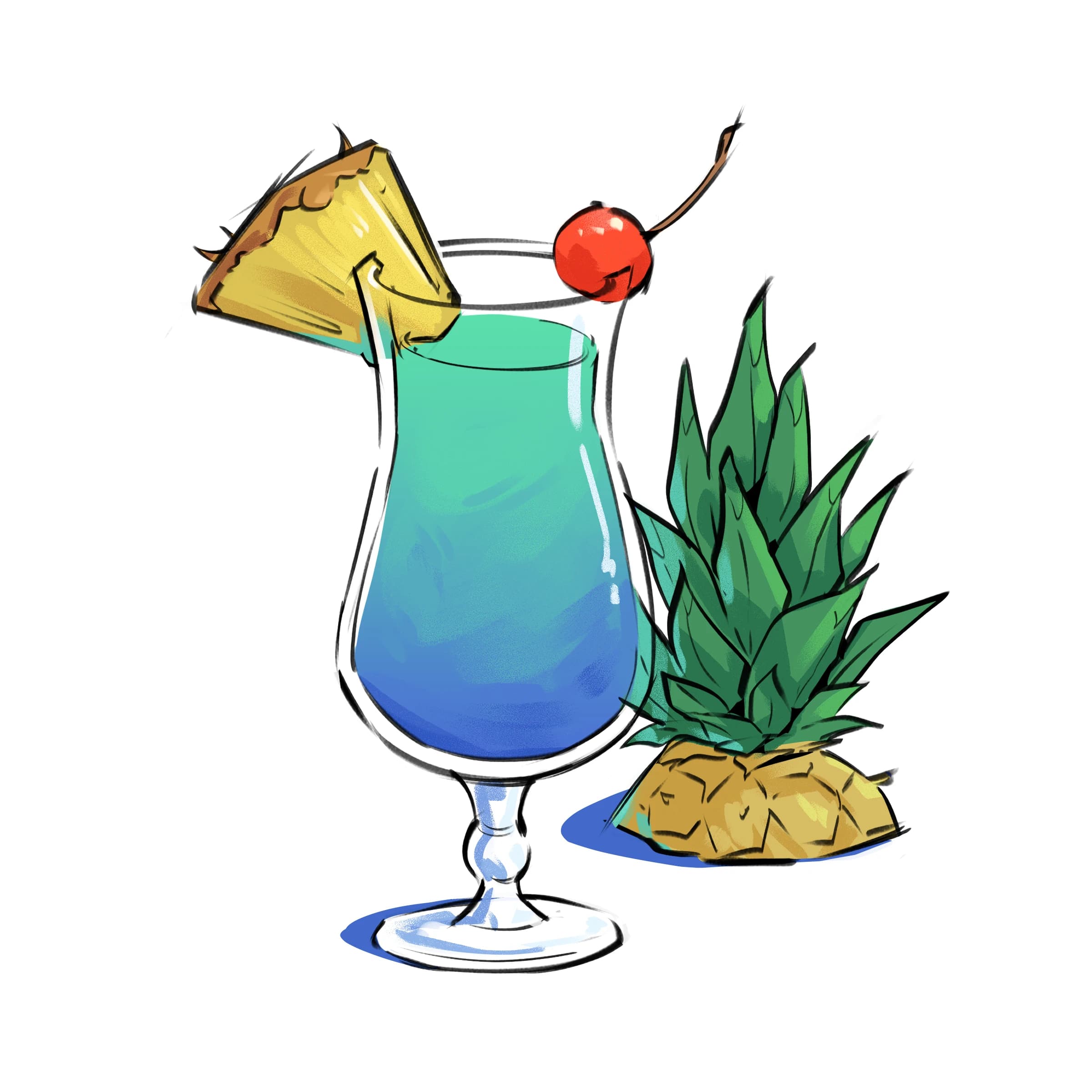 Illustration of a blue tropical cocktail in a hurricane glass garnished with a pineapple wedge and cherry, with a whole pineapple beside it