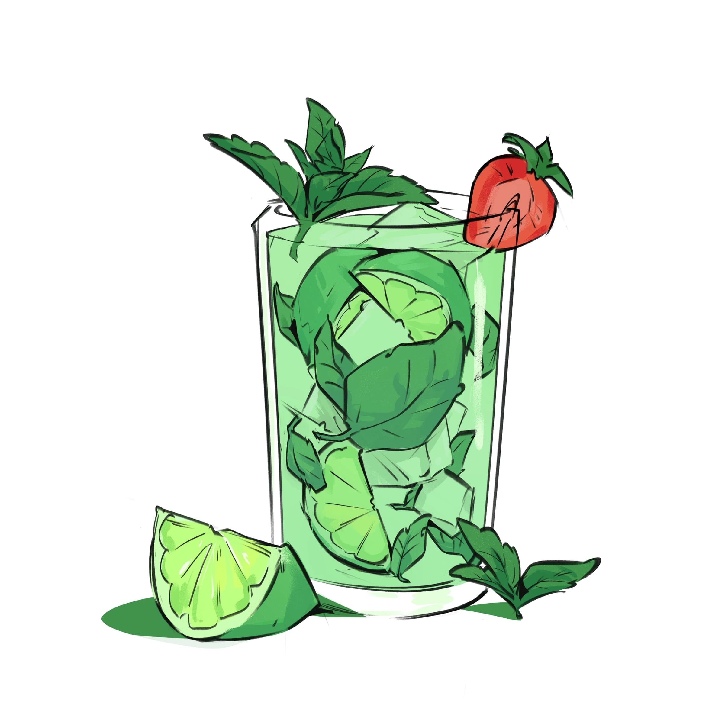 Illustration of a mojito cocktail with muddled mint leaves and lime, garnished with a mint sprig and a strawberry