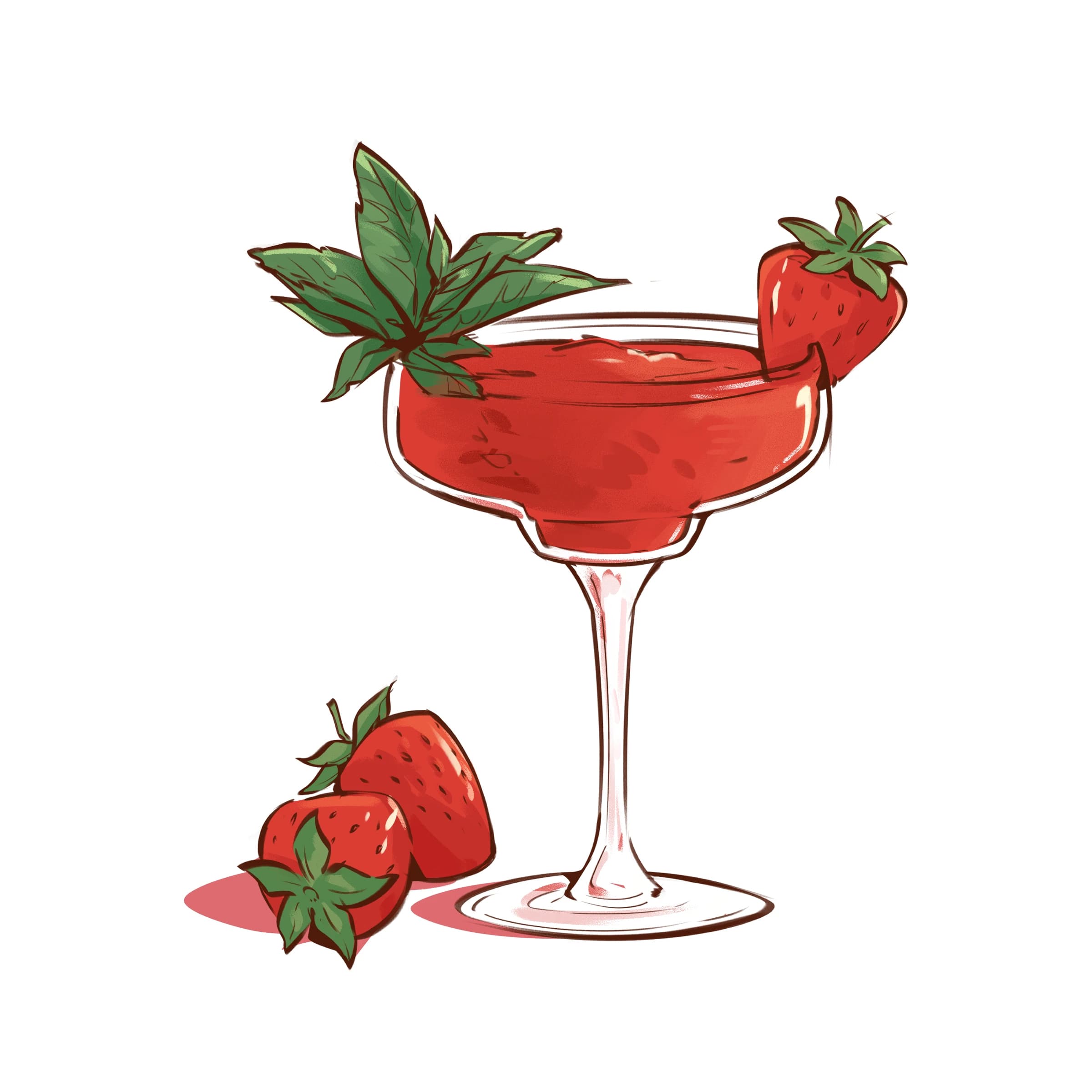 Illustration of a strawberry daiquiri in a coupe glass garnished with a strawberry and mint leaves