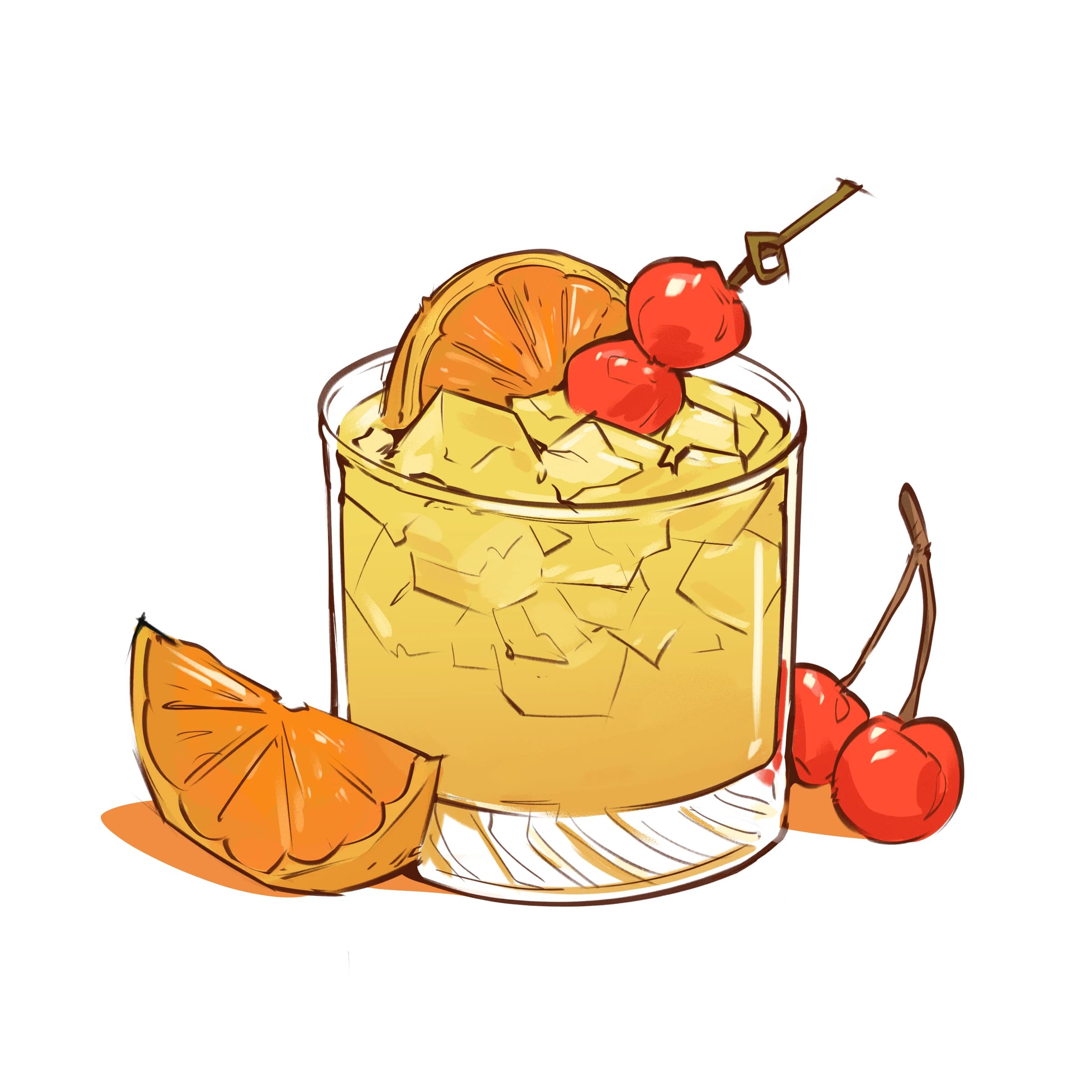 Illustration of a whiskey sour cocktail with crushed ice, garnished with an orange slice and cherries on a pick