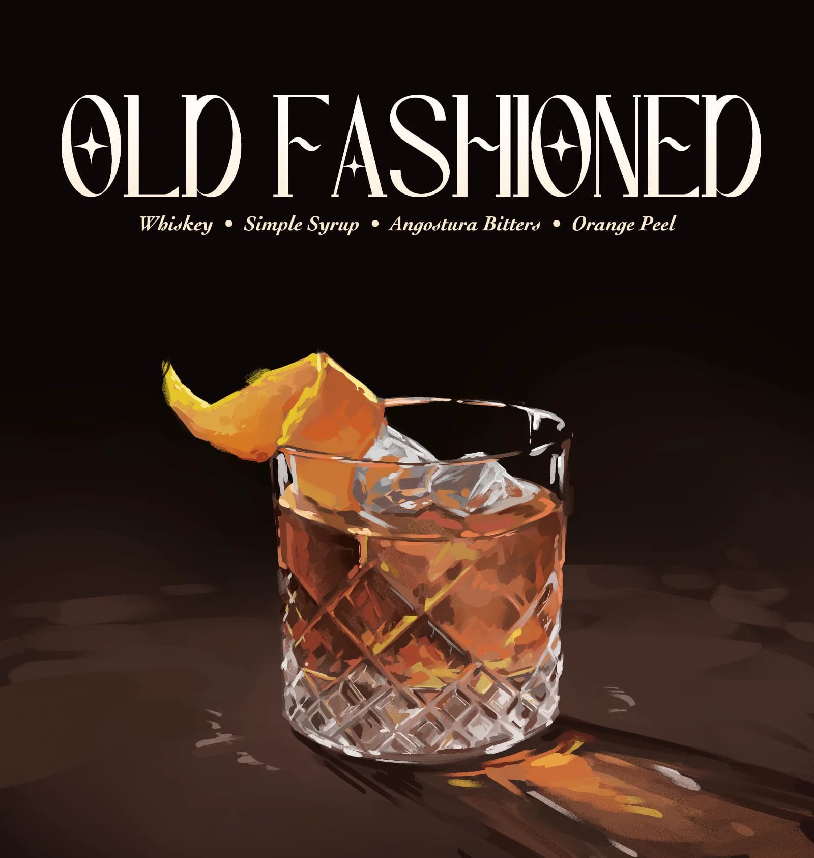 Still life digital painting of an Old Fashioned cocktail with rich amber whiskey, ice cube, and orange peel garnish