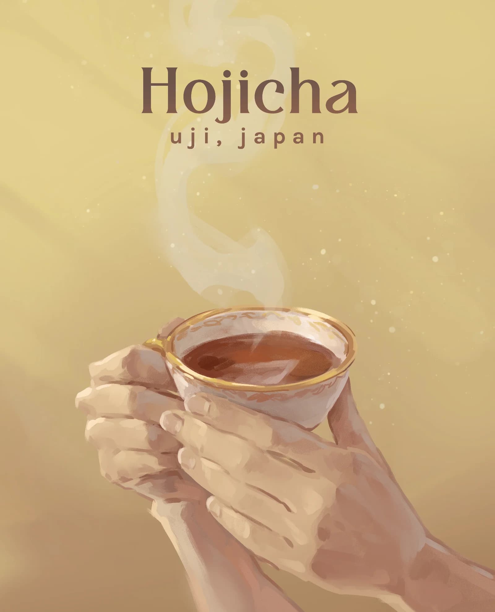 Hand holding a hot cup of Hojicha tea with golden sunlight and steam coming from the side