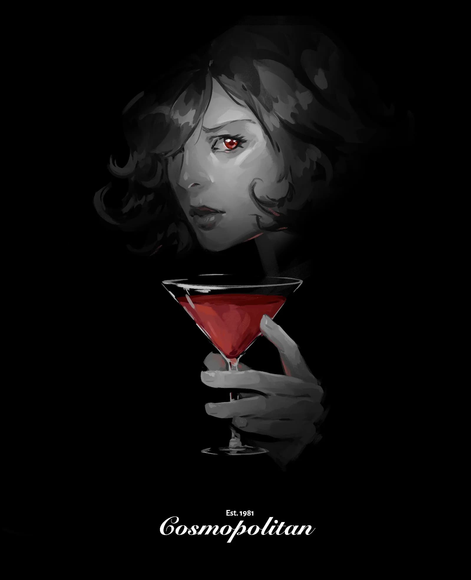 Greyscale woman with red eye holding a red martini glass with a Cosmopolitan cocktail