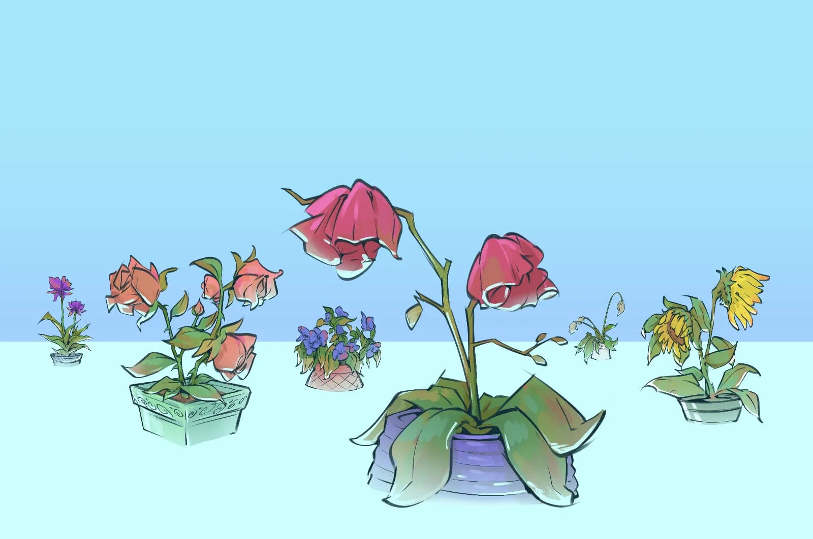 Illustration of a row of potted flowers in varying states of wilt, from fresh violets and roses to drooping sunflowers, set against a pastel blue background