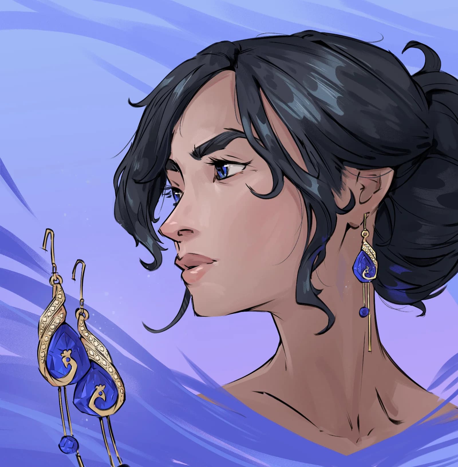 Fantasy character portrait of a dark-haired elf woman in profile, wearing ornate blue gemstone earrings