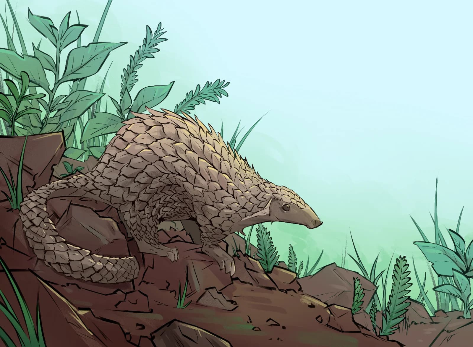 Digital painting of a pangolin climbing over rocks amid green grass and foliage