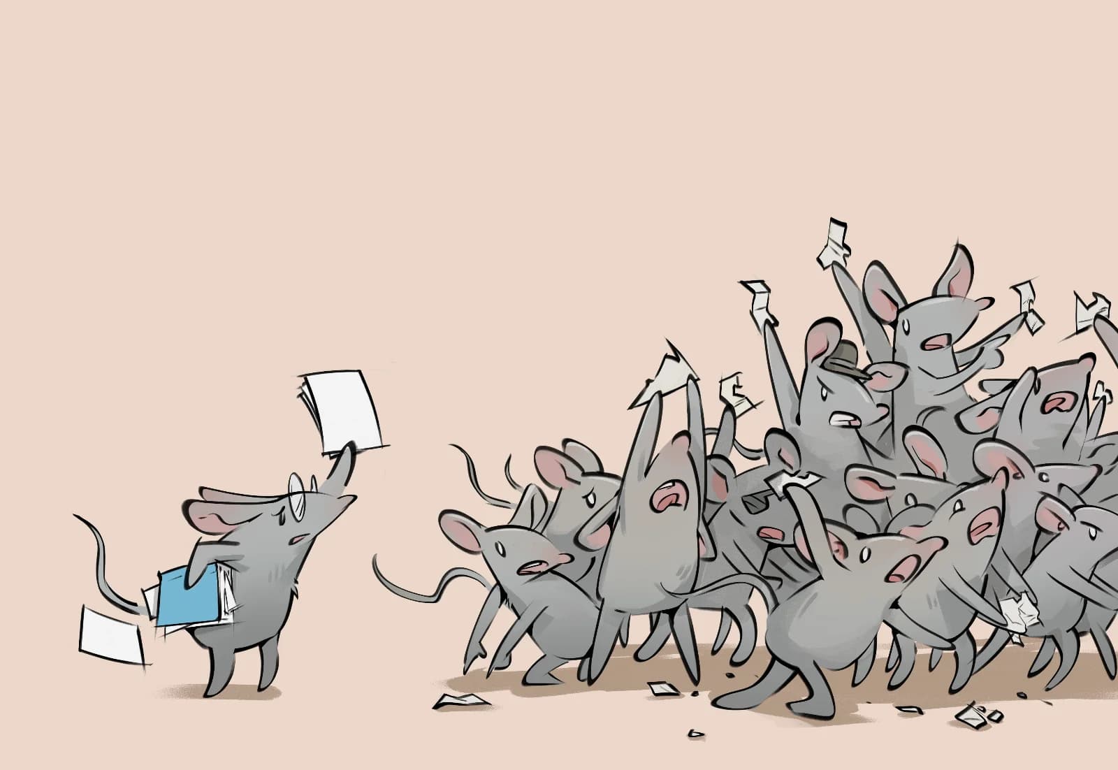 Illustration of a rat holding up papers addressing a chaotic crowd of rats waving papers in the air
