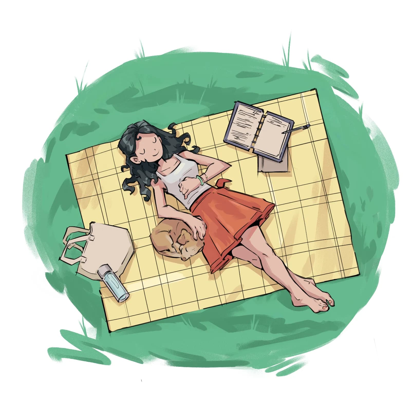 Top-down illustration of a woman napping on a picnic blanket with her dog, surrounded by an open notebook, tote bag, and water bottle