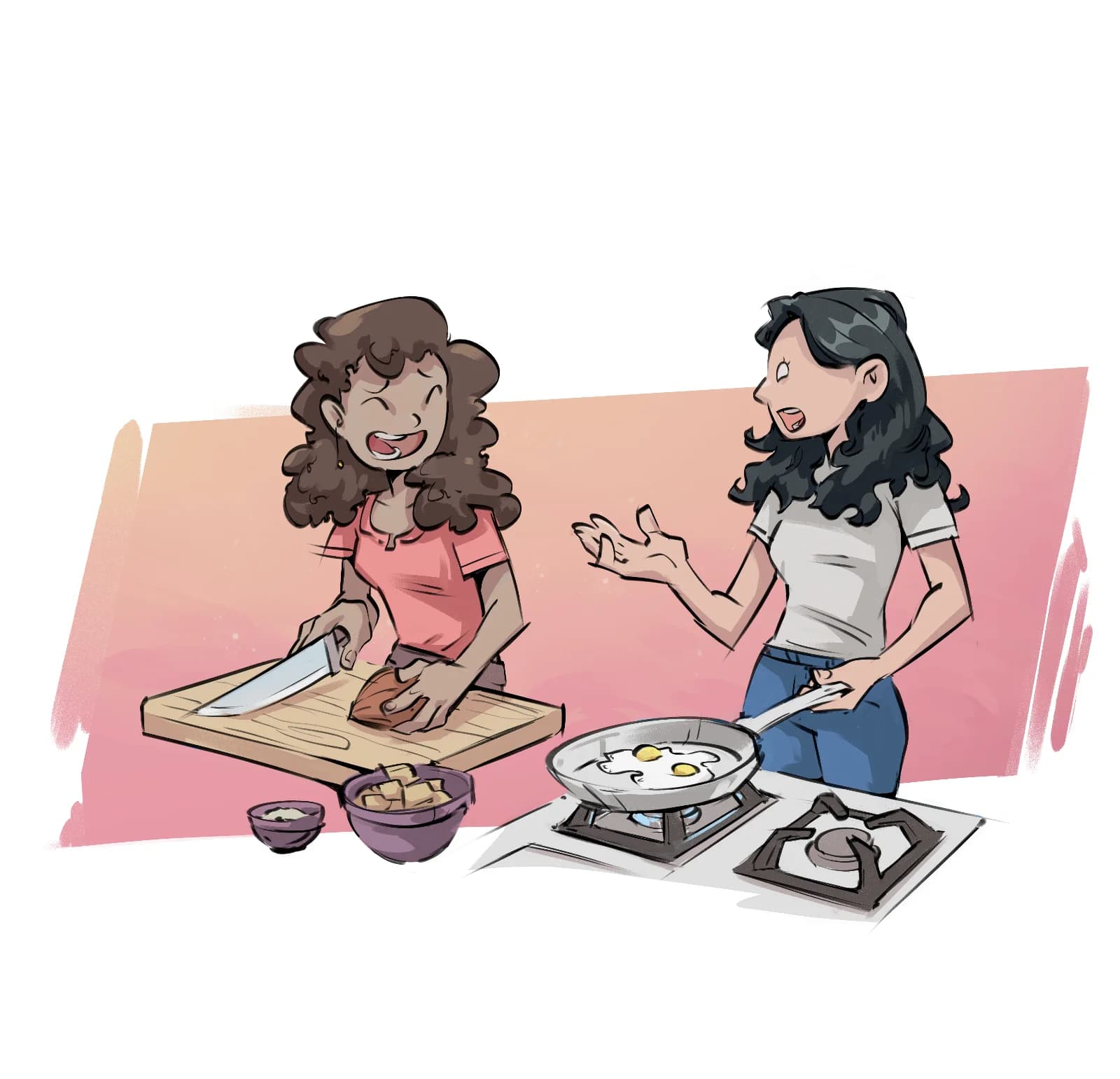 Illustration of two women cooking together in a kitchen, one chopping meat on a cutting board while the other fries eggs and talks