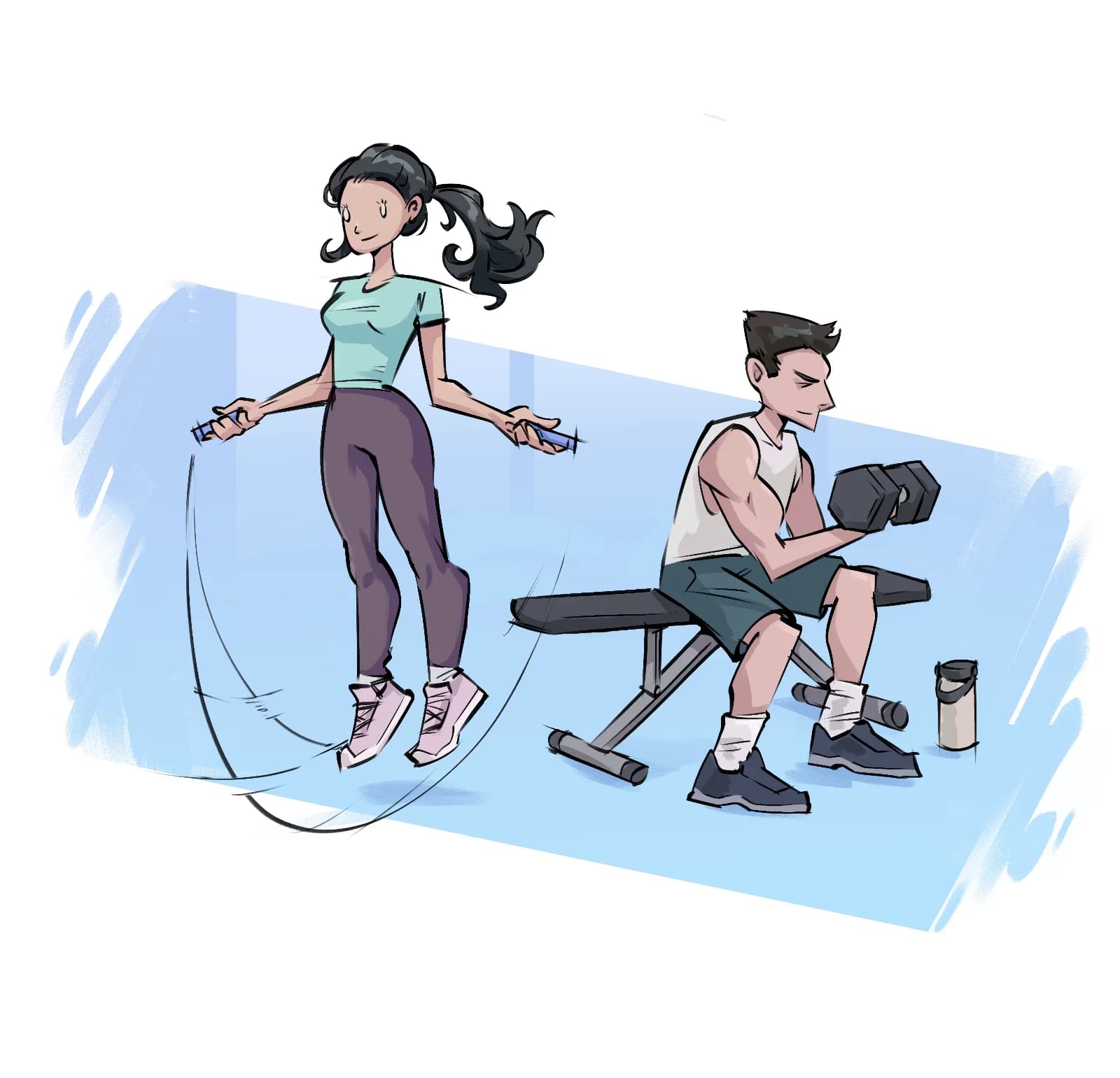 Illustration of a woman jump roping beside a man lifting a dumbbell on a gym bench