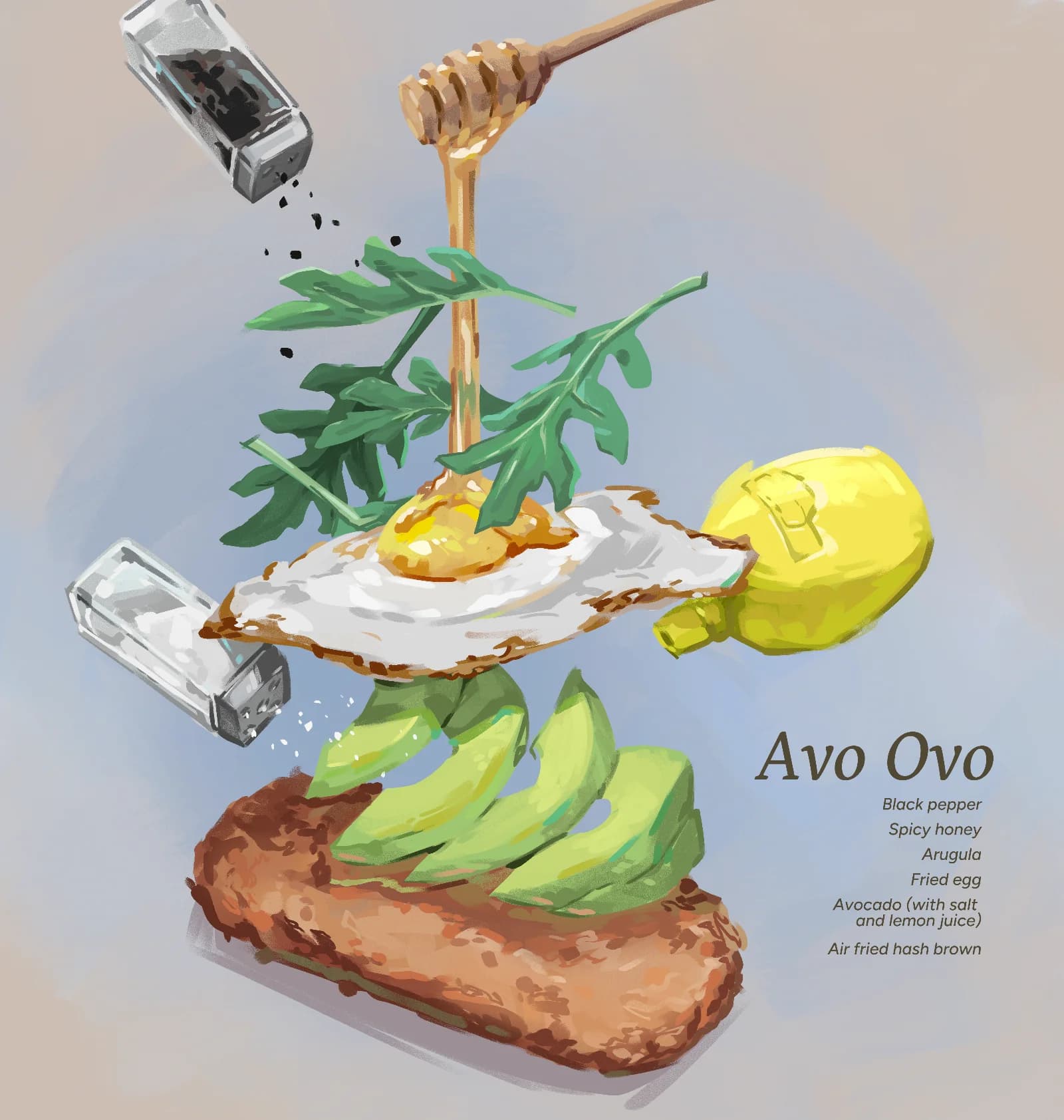 Still life digital painting of an avocado hash brown deconstruction with vibrant green avocado and golden crispy textures