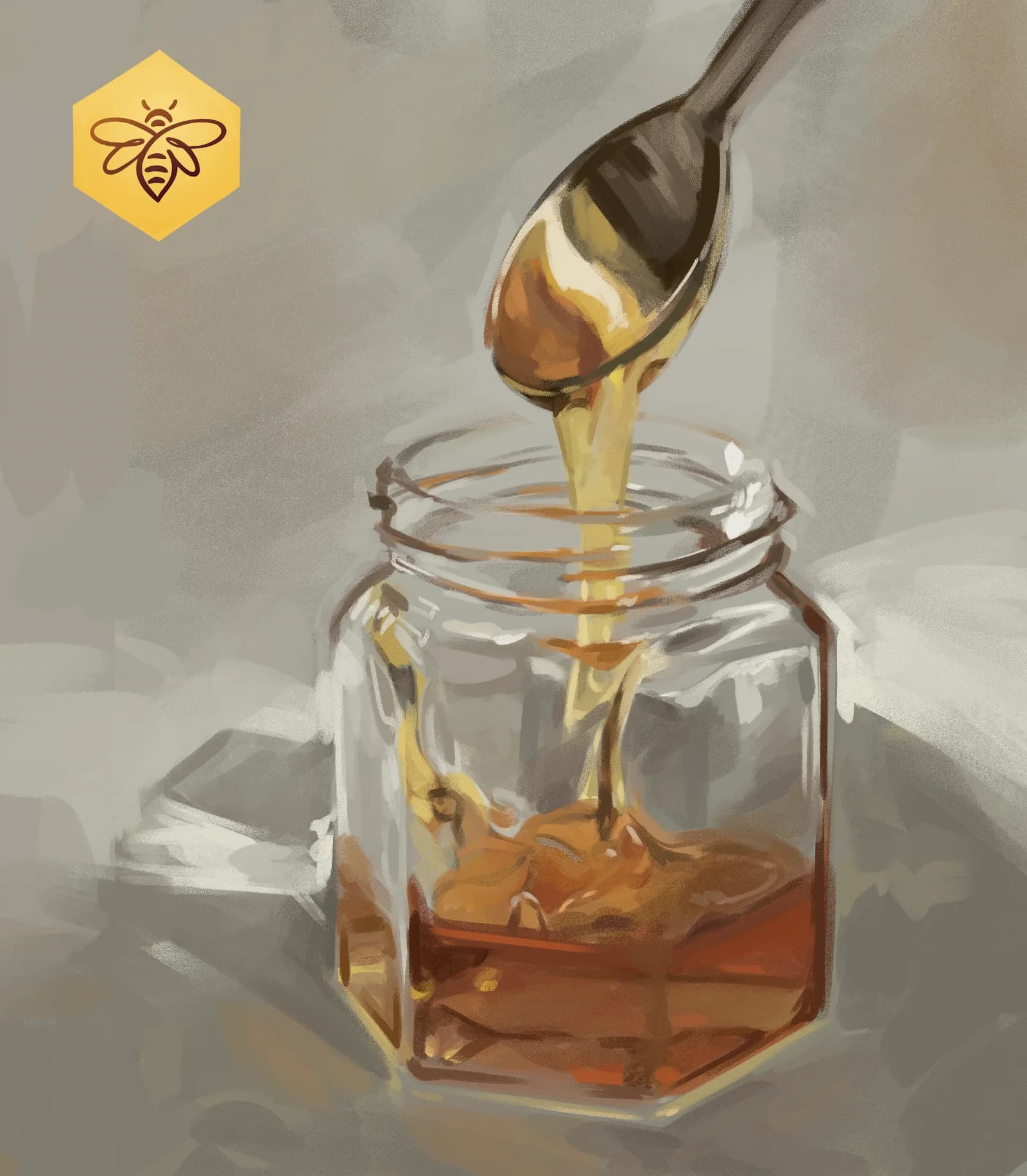 Digital painting of honey dripping from a spoon into a glass jar, with warm amber tones and fluid golden texture