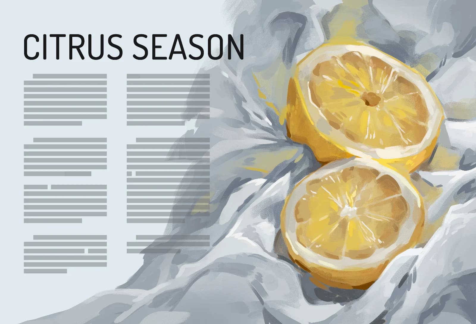 Editorial illustration of sliced lemons on a soft grey cloth, created for a Citrus Season editorial layout