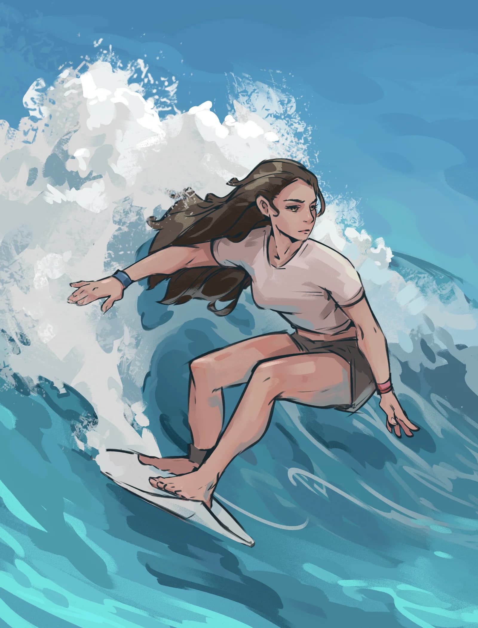 Sports illustration of a surfer riding a wave, created for an editorial surfing feature
