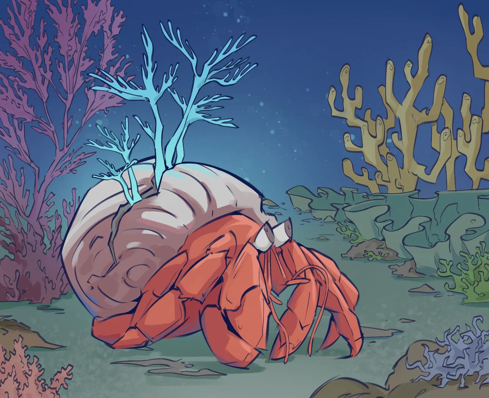 Illustration of a hermit crab with an orange body carrying a large shell with blue coral growing on it, surrounded by colorful coral reef