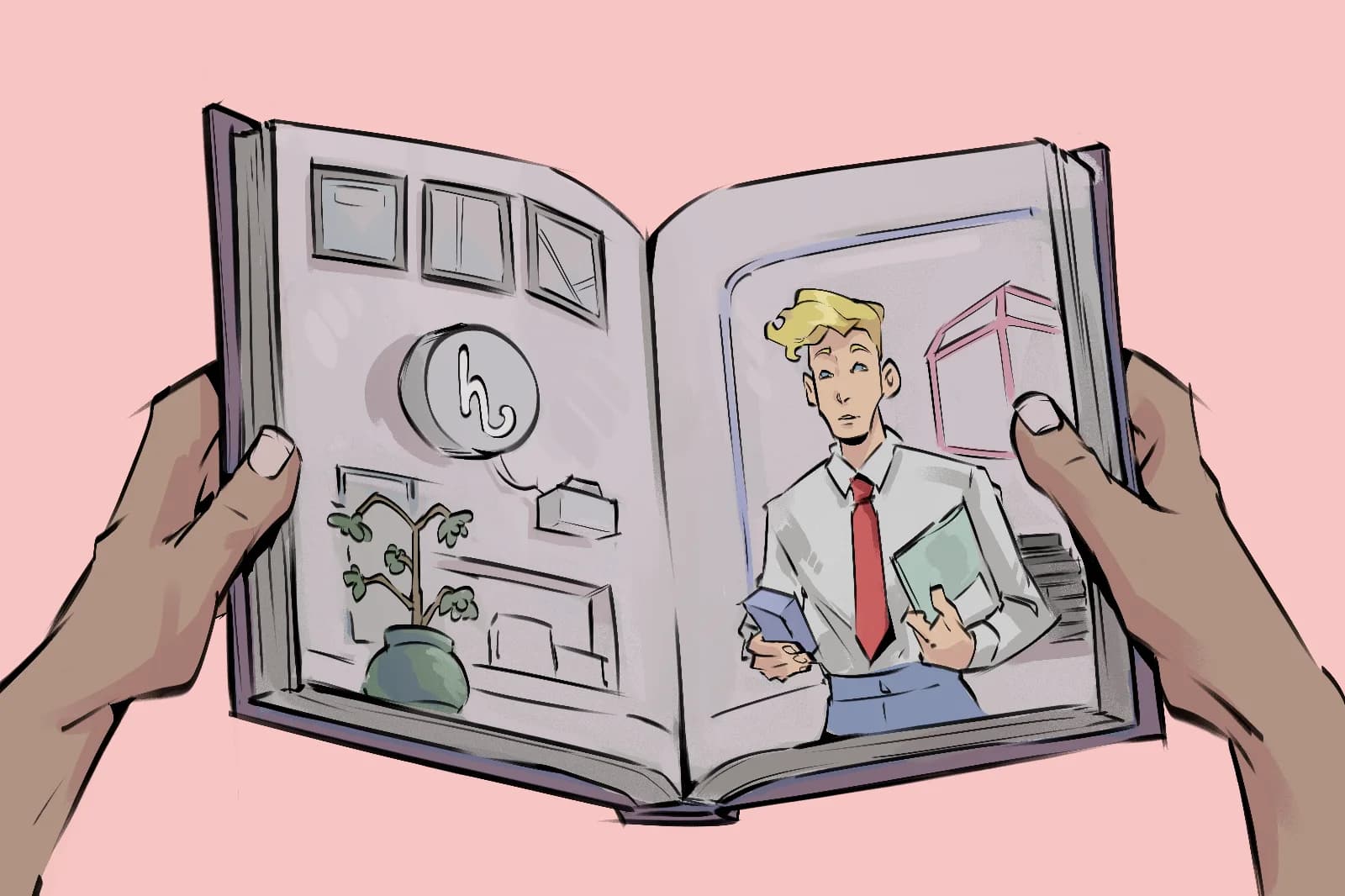 Illustration of hands holding open a storybook, its pages showing an office scene with a smart speaker and a young man in a shirt and tie holding books