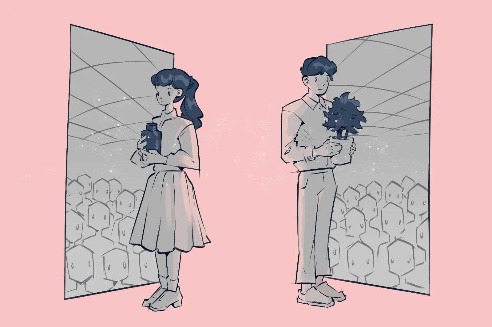 Grayscale illustration of a girl and a boy standing separately in front of mirrored glass panels, each reflecting a crowd of faceless hexagonal robot heads