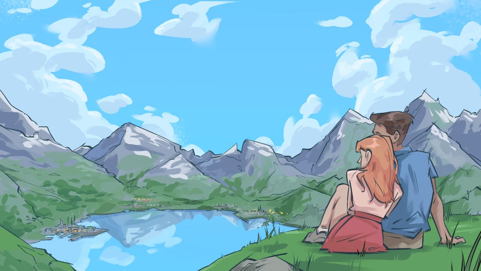 Illustration of a couple sitting on a hillside overlooking a mountain lake and valley town