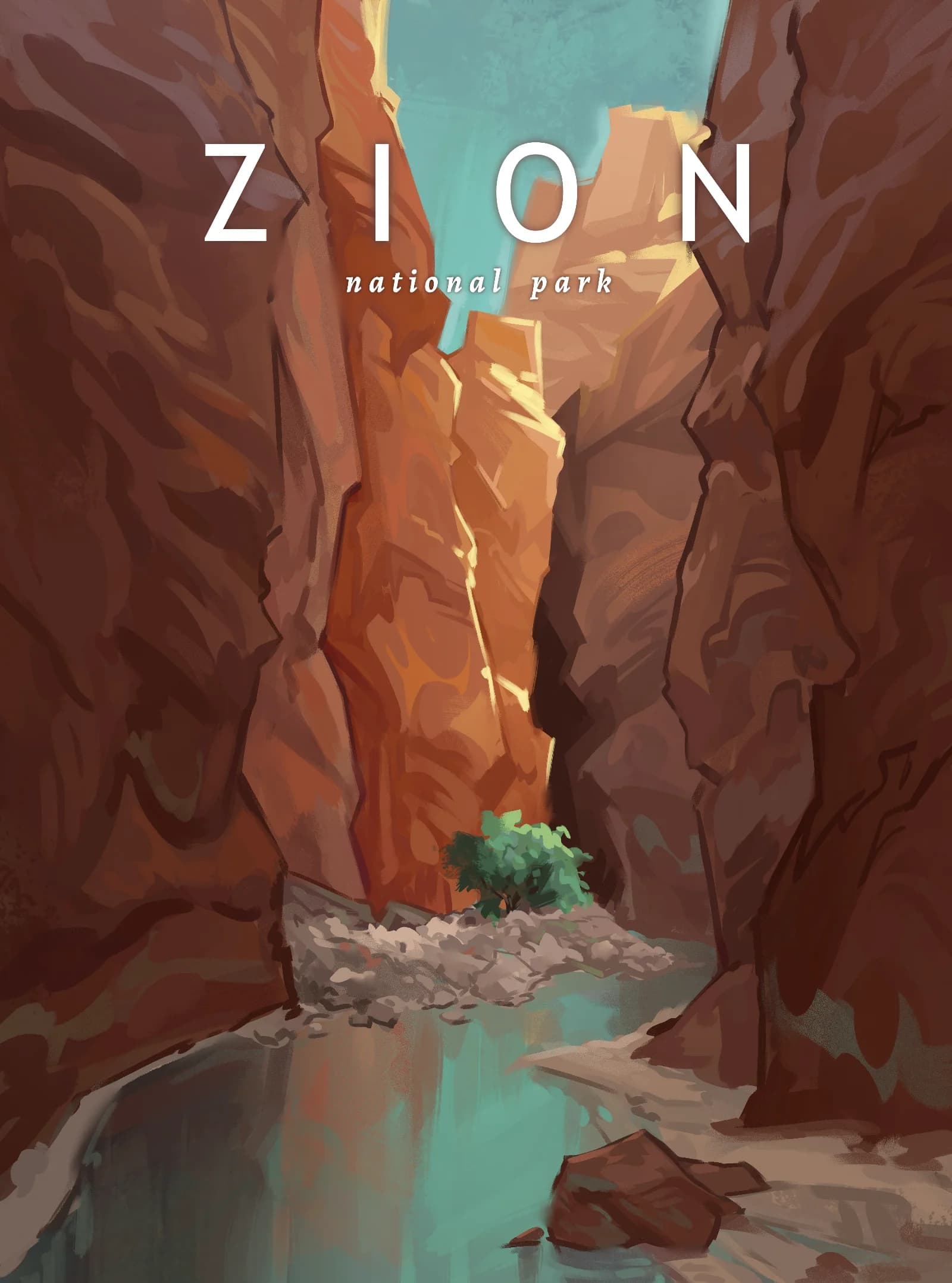 Digital painting of Zion National Park's towering red sandstone canyon walls and winding Virgin River