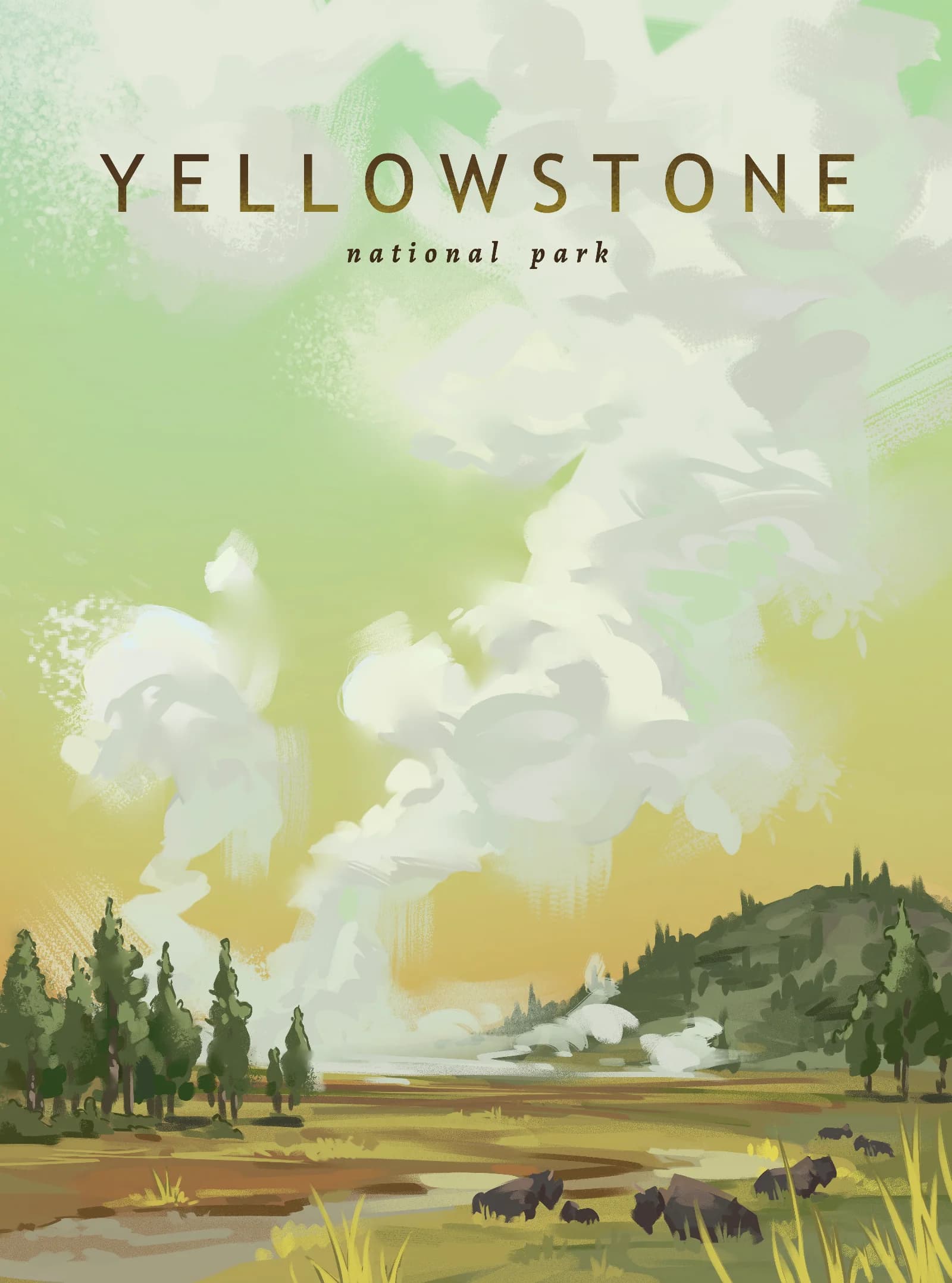 Digital painting of Yellowstone National Park with geothermal hot springs and vast wilderness landscape