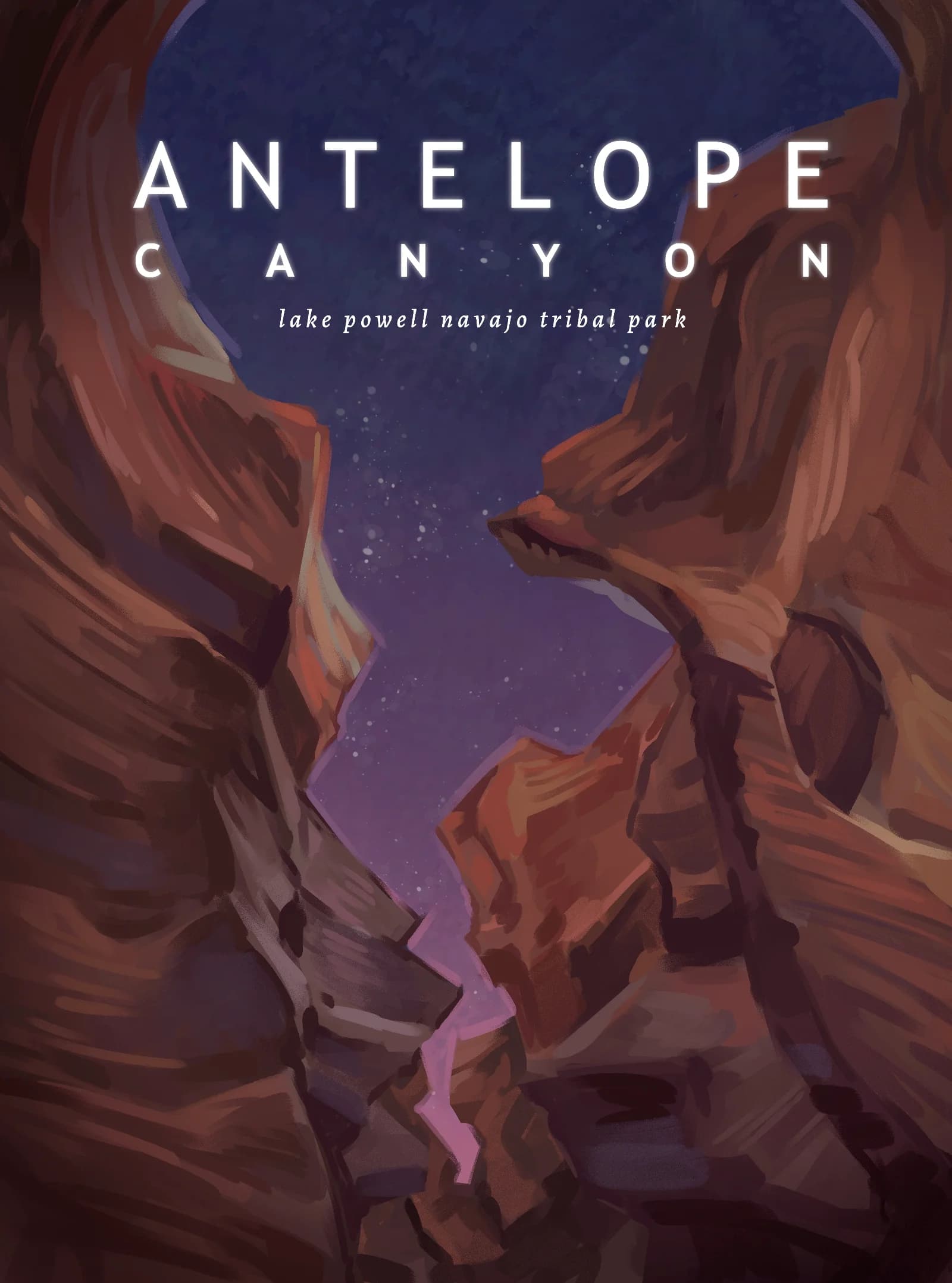 Digital painting of Antelope Canyon's narrow slot canyon with glowing orange and red sandstone walls