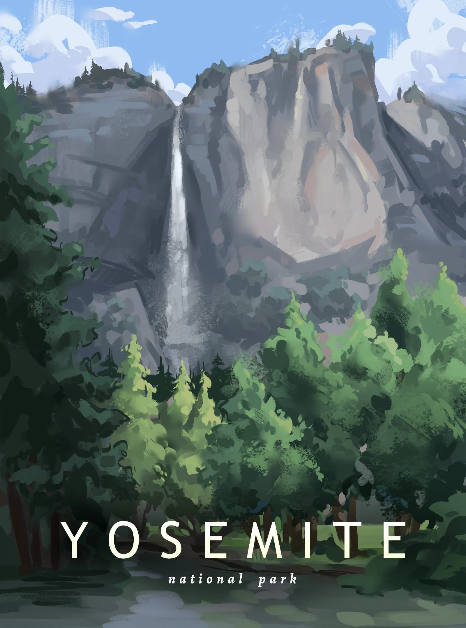 Digital painting of Yosemite Valley with dramatic granite cliffs, waterfalls, and lush valley floor