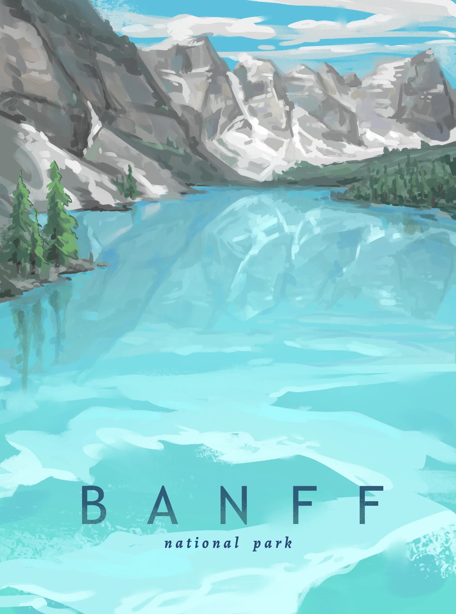 Digital painting of Banff National Park featuring turquoise glacial lakes and snow-capped Rocky Mountain peaks