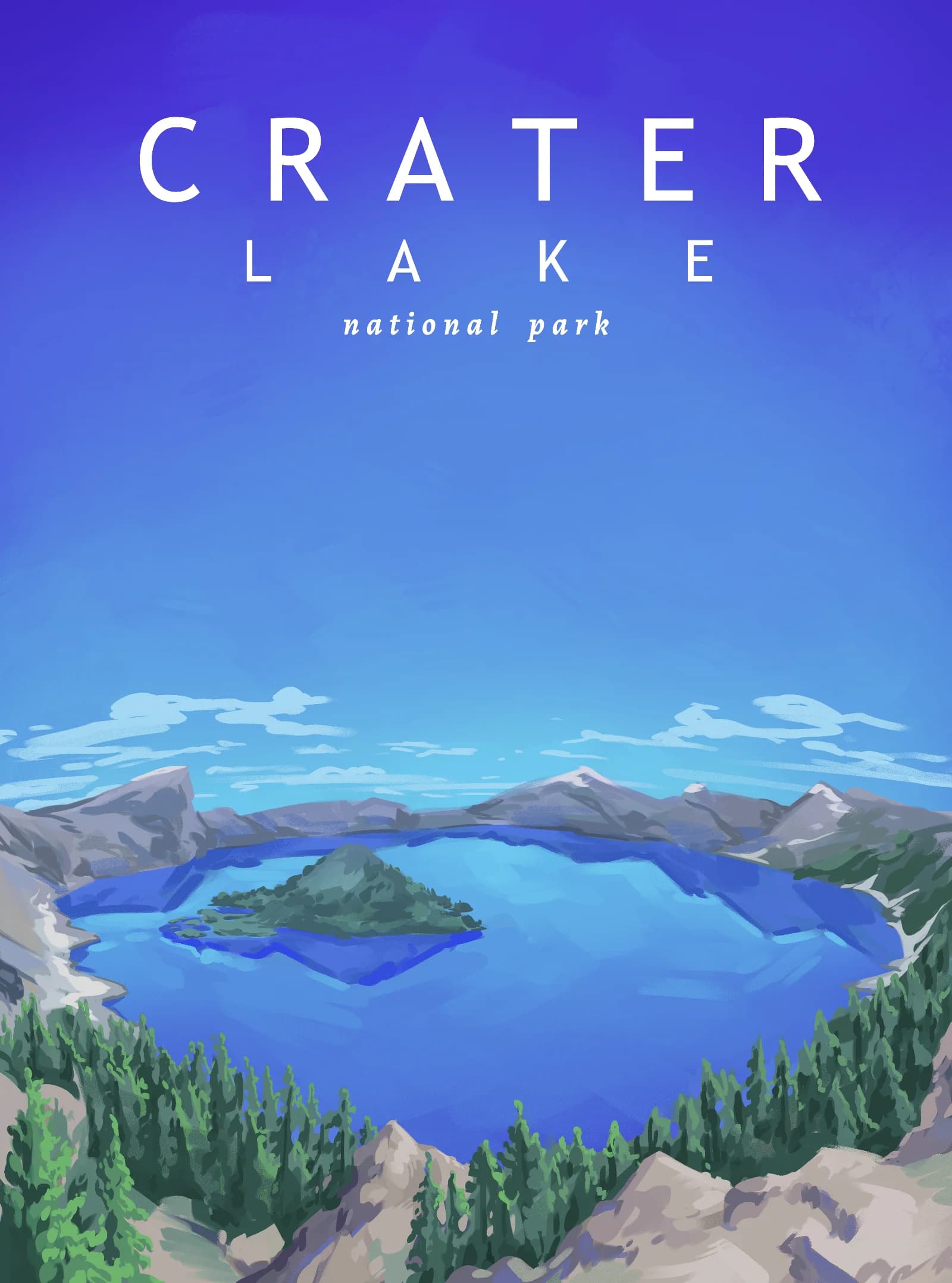Travel poster illustration of Crater Lake National Park featuring a deep blue volcanic lake with Wizard Island surrounded by forested cliffs