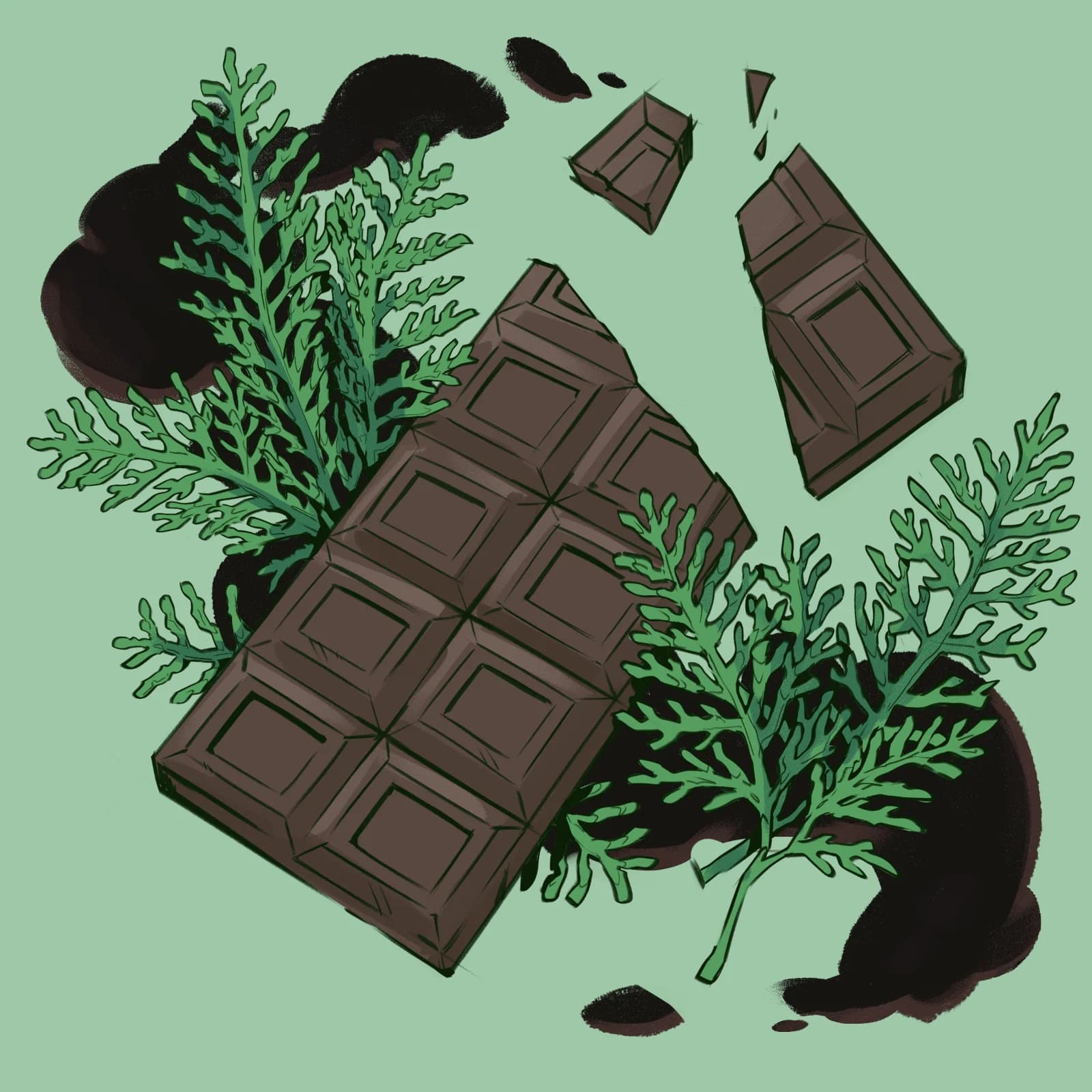 Still life illustration of a broken dark chocolate bar surrounded by mint leaves on a green background