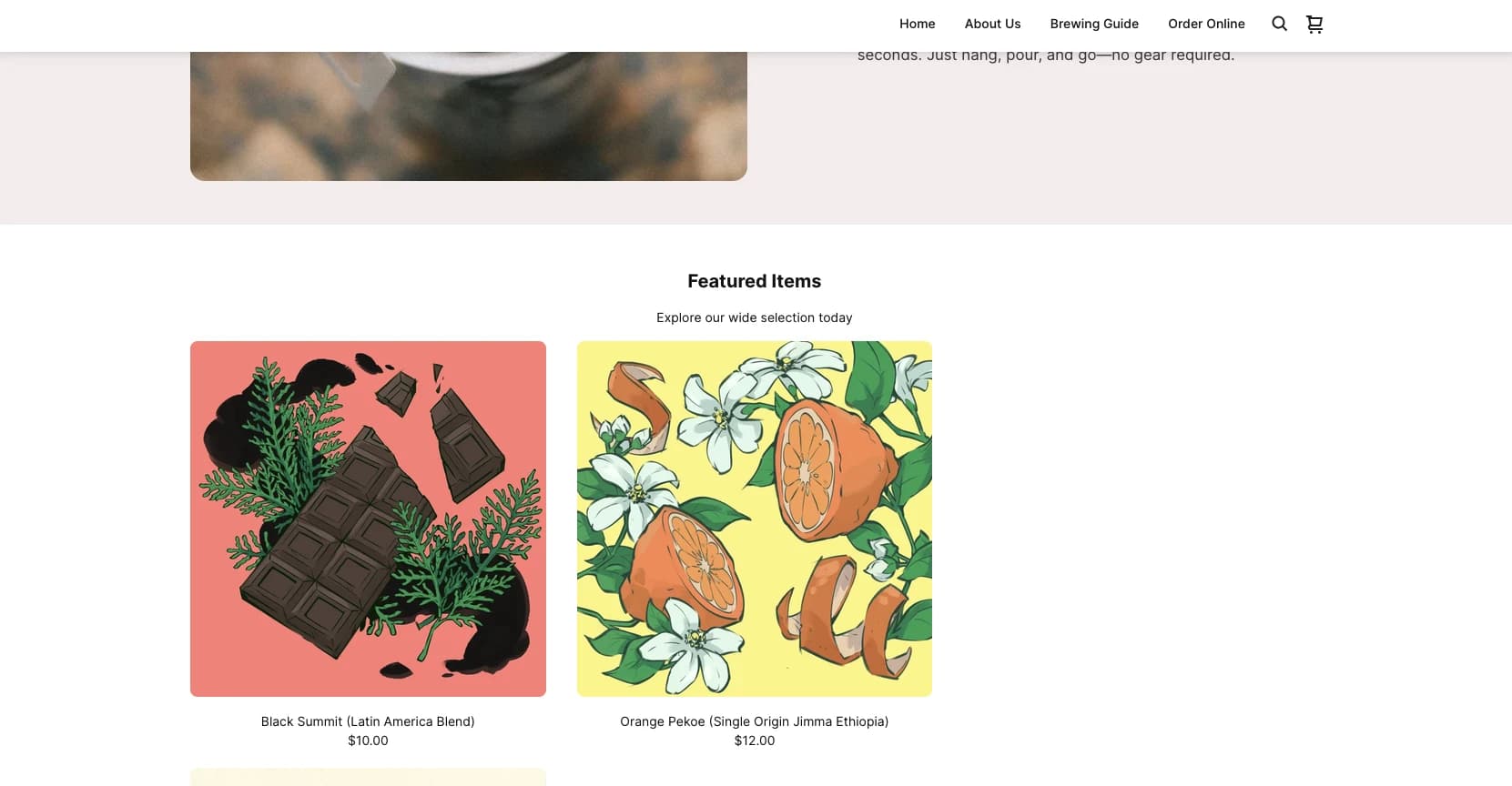 Screenshot of the Pourtables Coffee website featuring the Black Summit and Orange Pekoe label illustrations on product cards