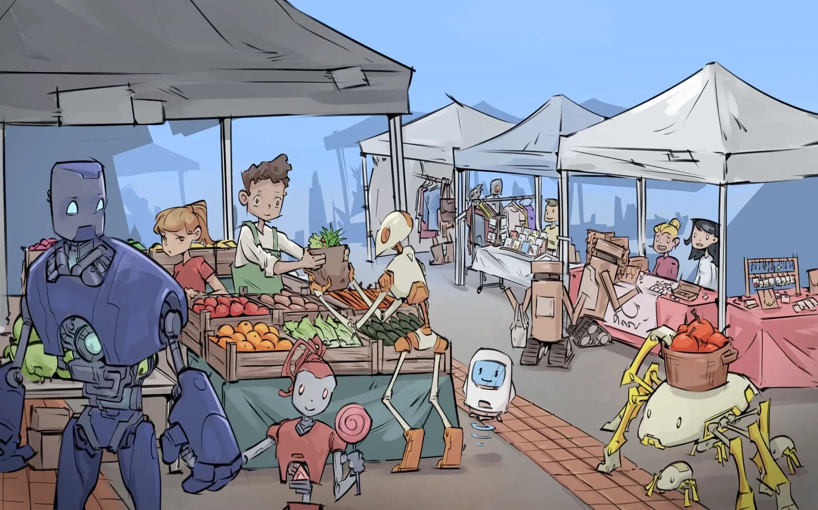 Farmer market scene with human vendors and robot customers