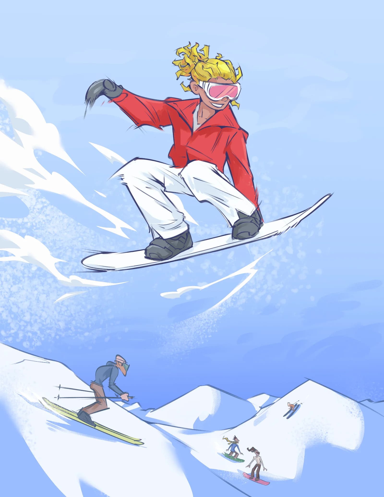 Illustration of a snowboarder catching big air above skiers and snowboarders on a snowy mountain slope