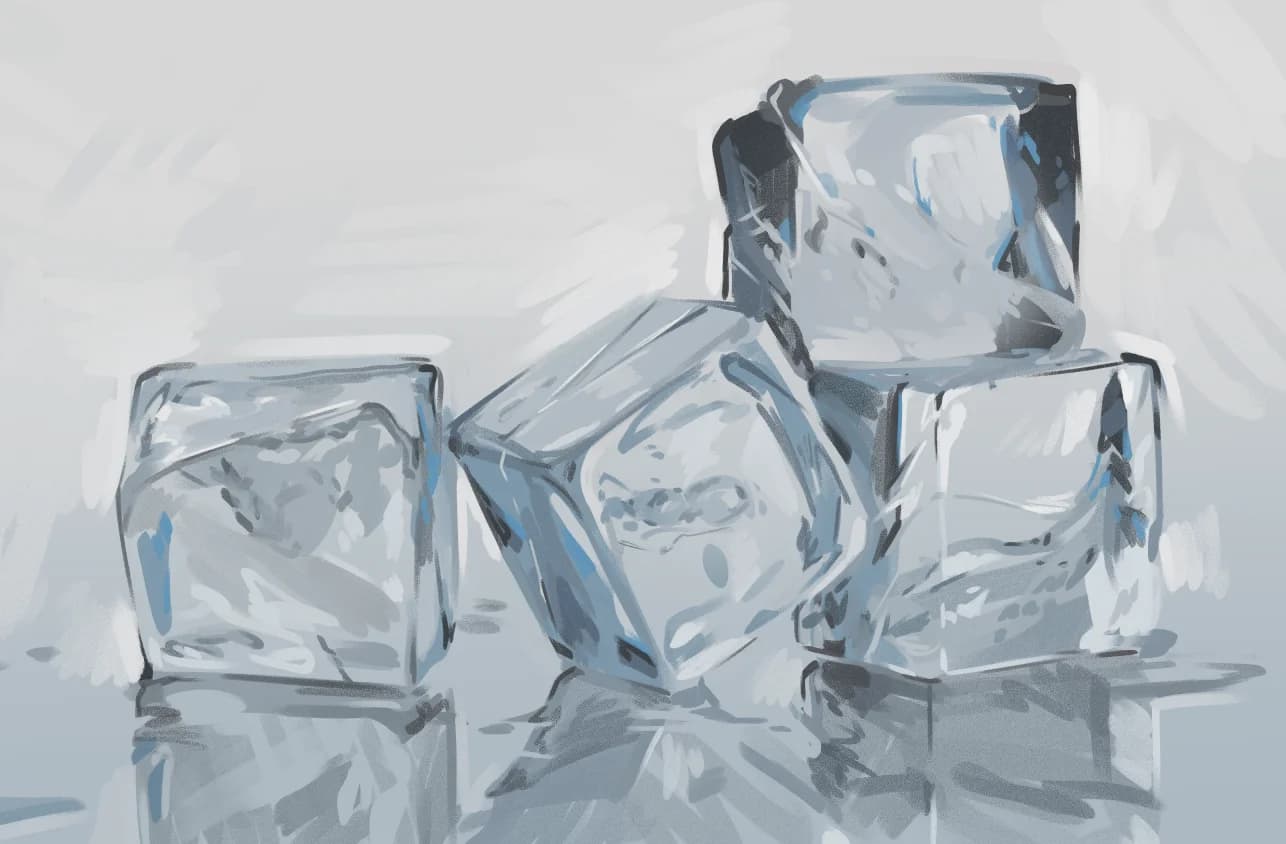 Still life digital painting of ice with cool blue highlights and reflective crystalline surfaces