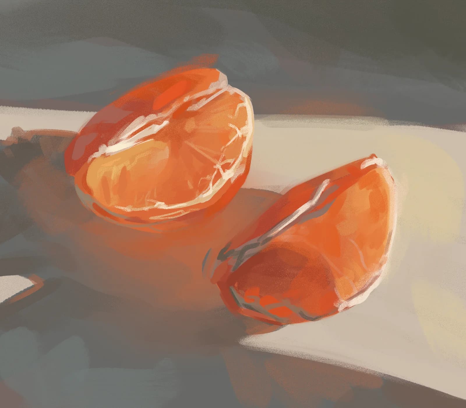 Still life digital painting of tangerines with vibrant orange hues and soft textured citrus skin