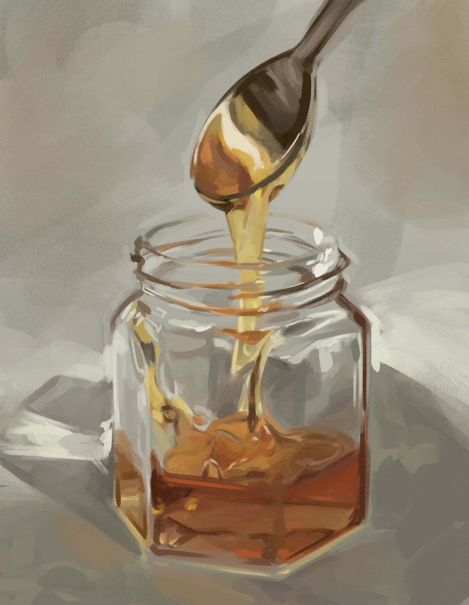 Still life digital painting of honey drizzling off a spoon into a glass jar, with warm amber tones and fluid golden texture