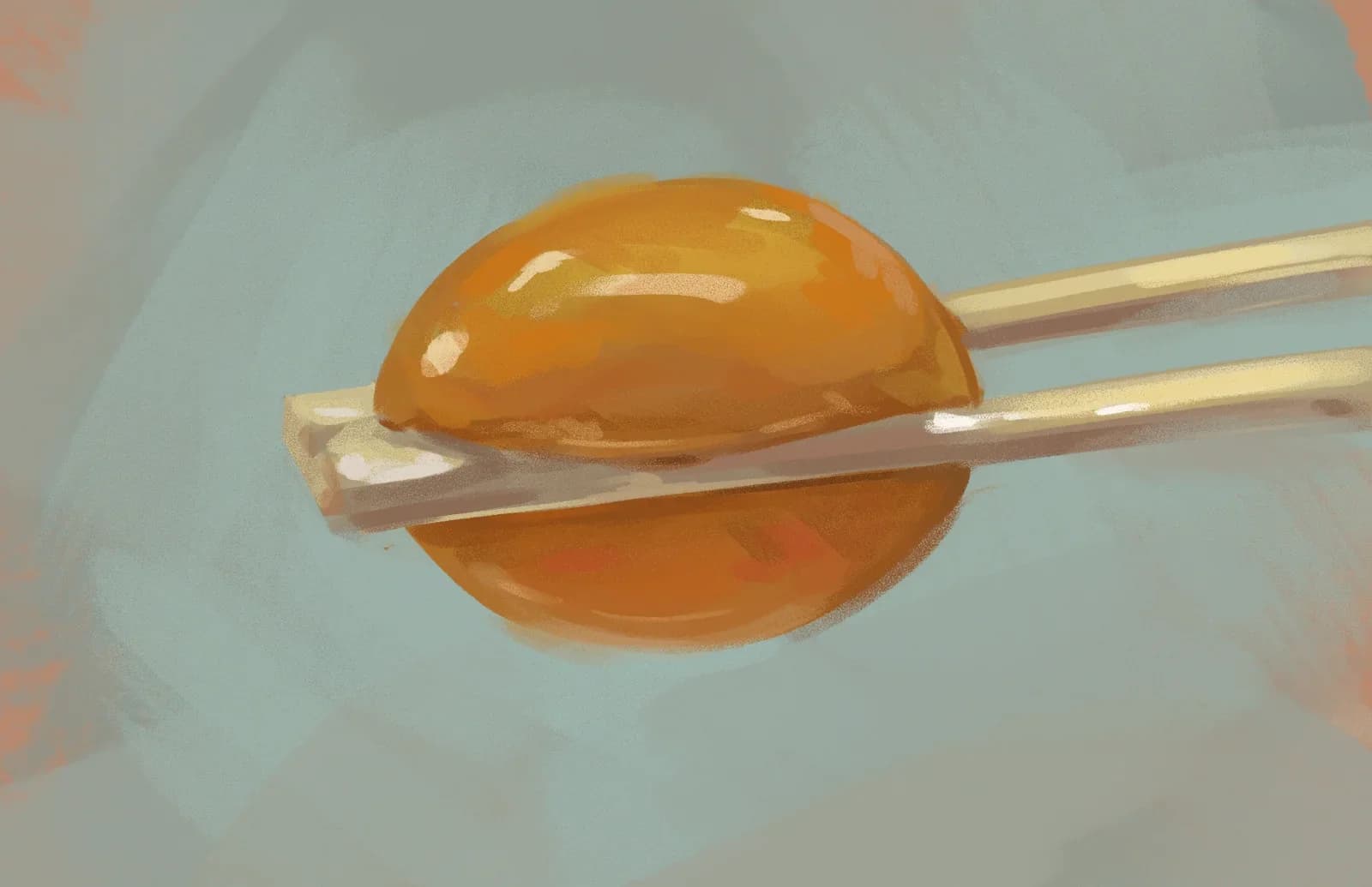Close-up still life digital painting of a small round orange kumquat pinched between a pair of chopsticks against a muted teal background