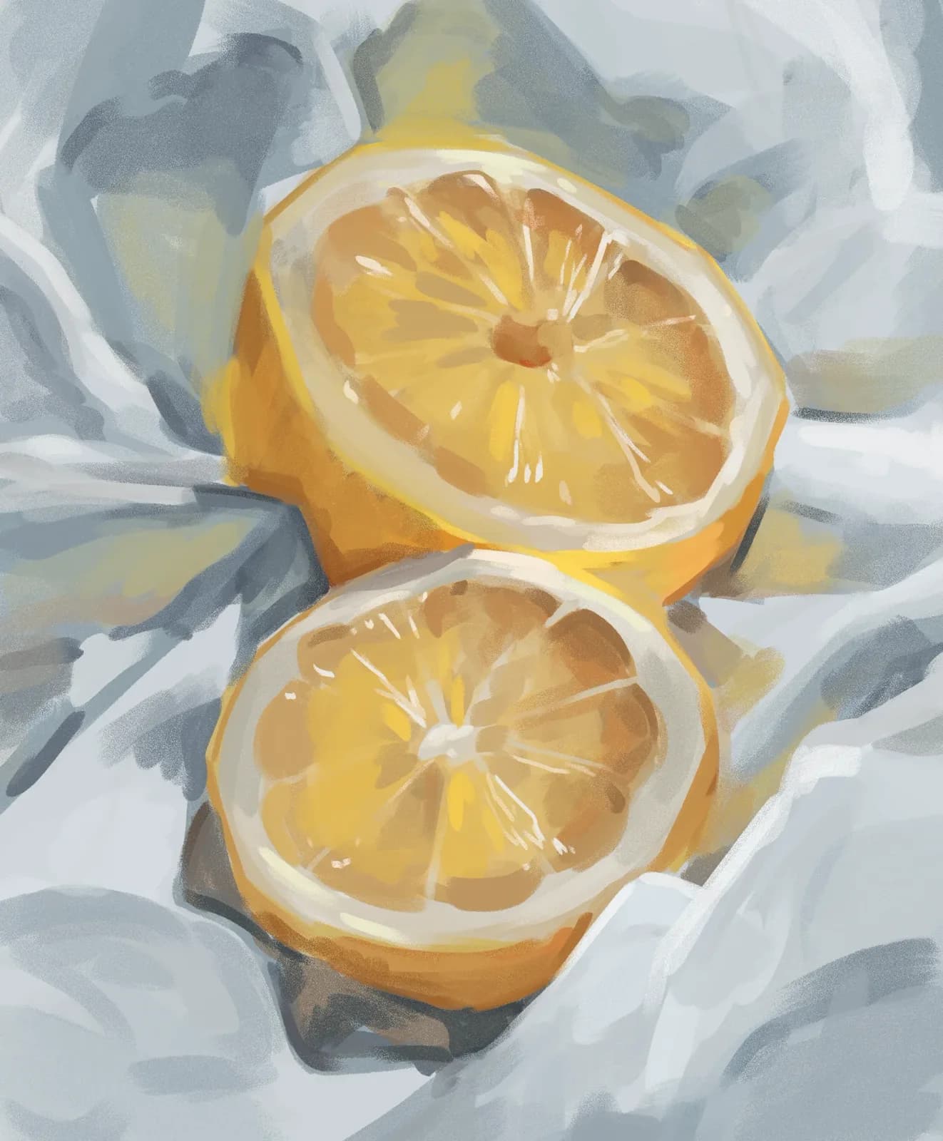 Still life digital painting of two lemon halves resting on a soft grey cloth