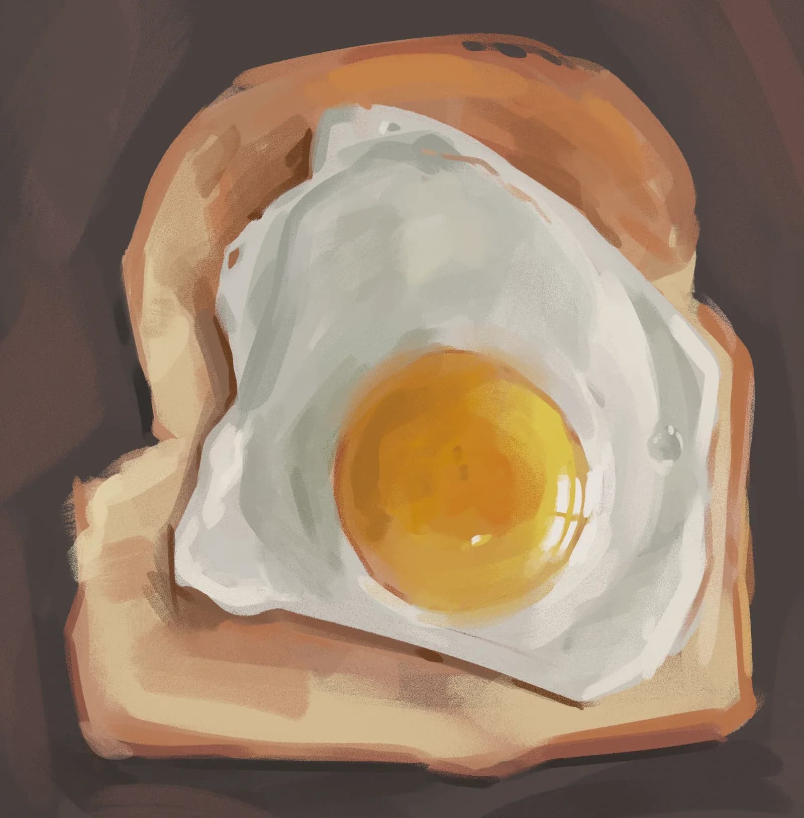 Top-down still life digital painting of a fried egg with a golden yolk on a slice of toasted bread