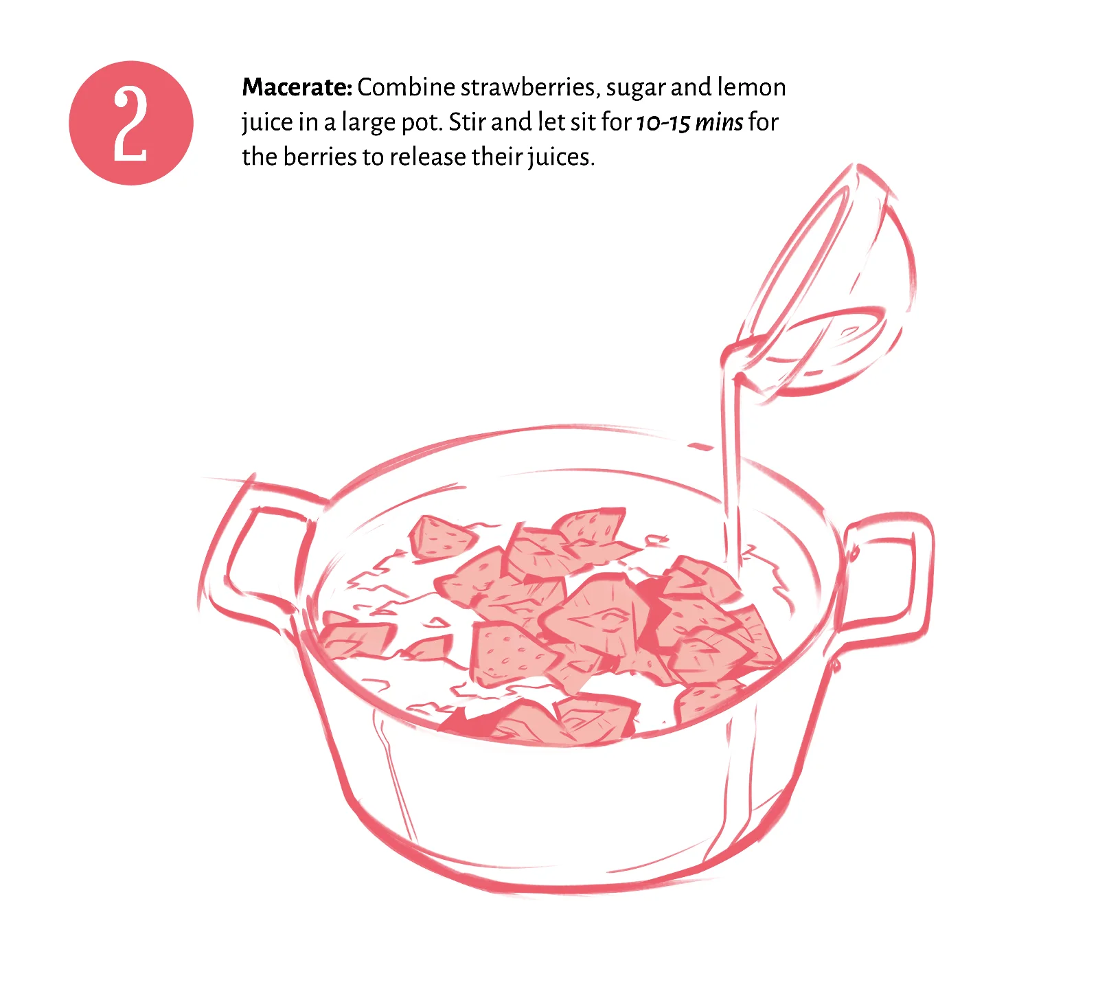 Line art illustration of lemon juice being poured into a pot of chopped strawberries, for step 2 of a strawberry jam recipe