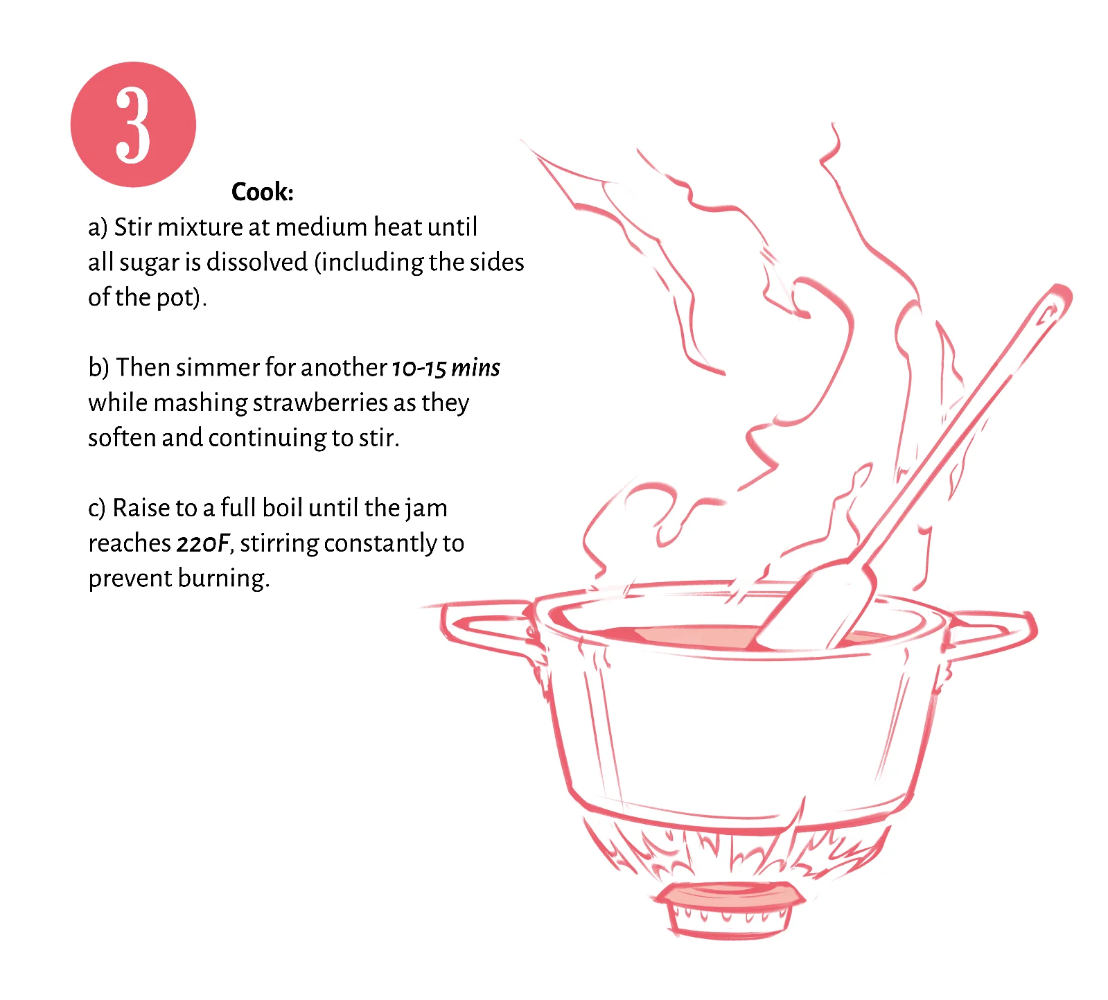 Line art illustration of a steaming pot of jam being stirred with a wooden spoon, for step 3 of a strawberry jam recipe