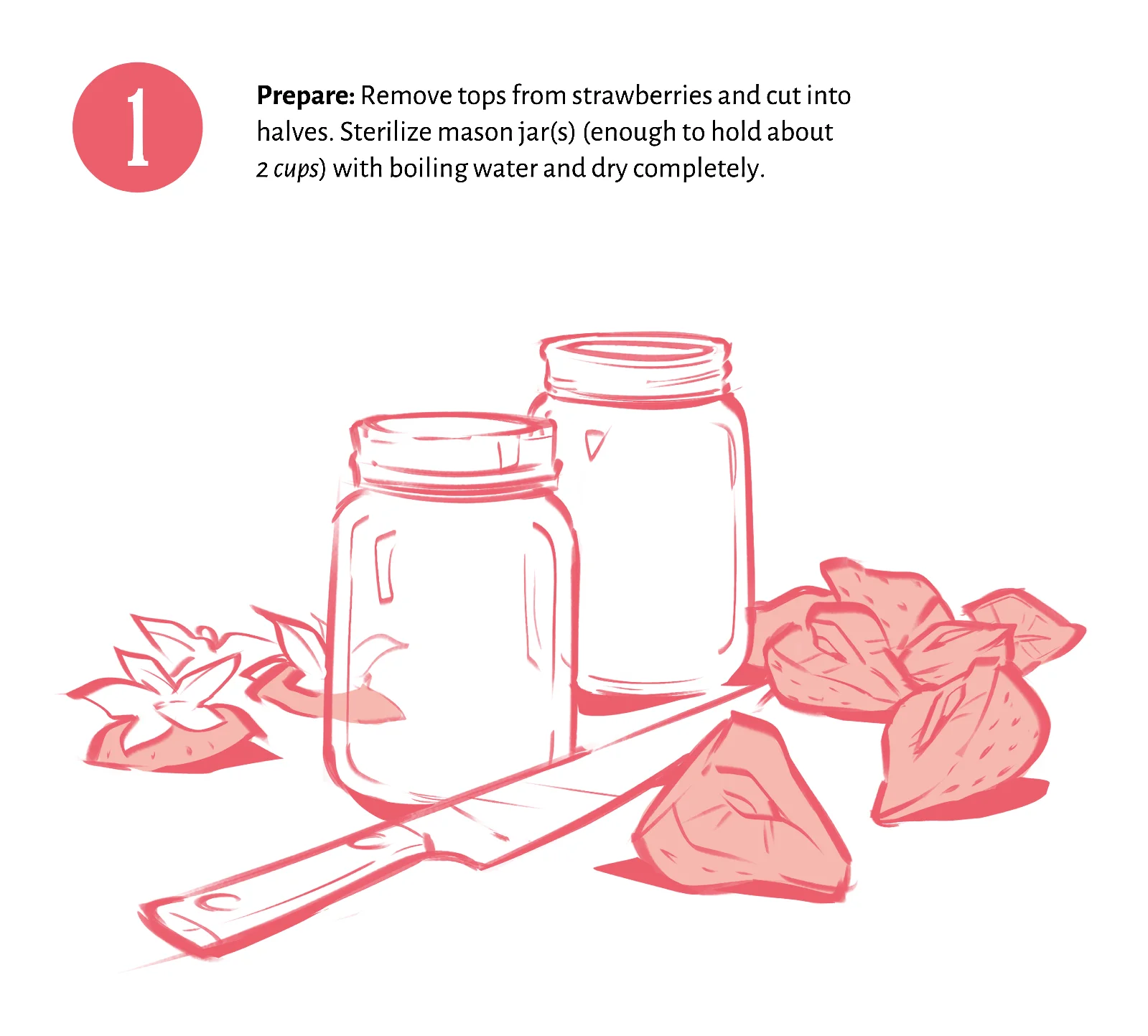 Line art illustration of mason jars, a knife, and halved strawberries, for step 1 of a strawberry jam recipe