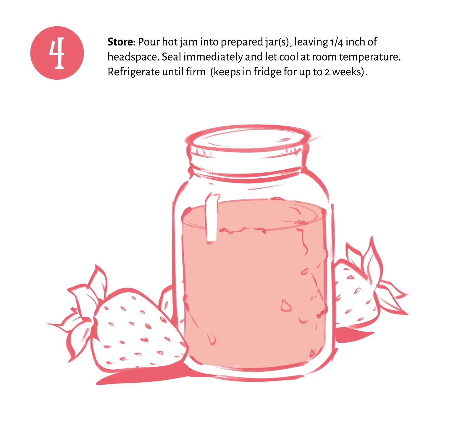 Line art illustration of a sealed mason jar filled with strawberry jam, for step 4 of a strawberry jam recipe