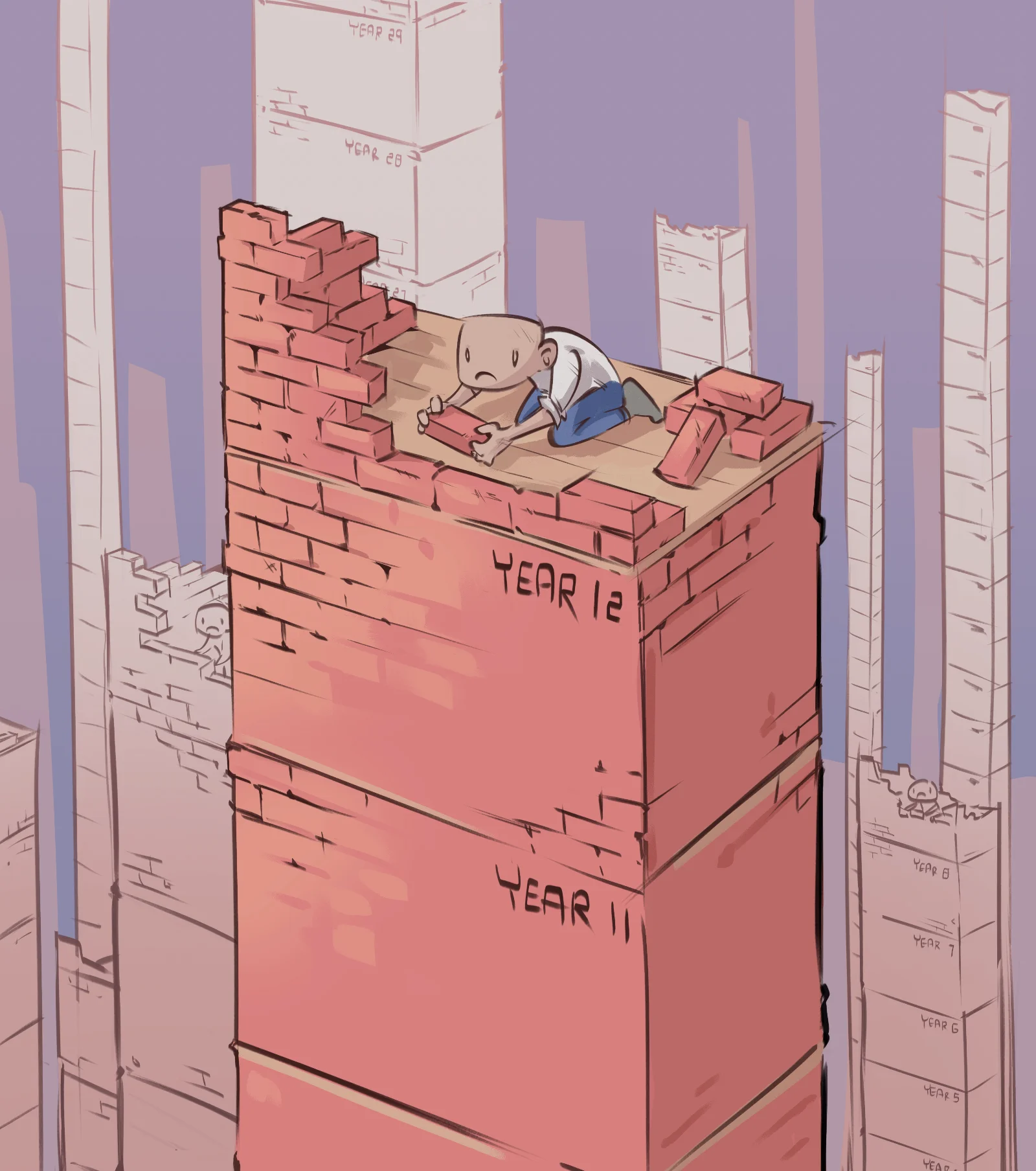 Illustration of a person sitting atop an unfinished brick tower labeled by year, stacking bricks amid a skyline of similar towers