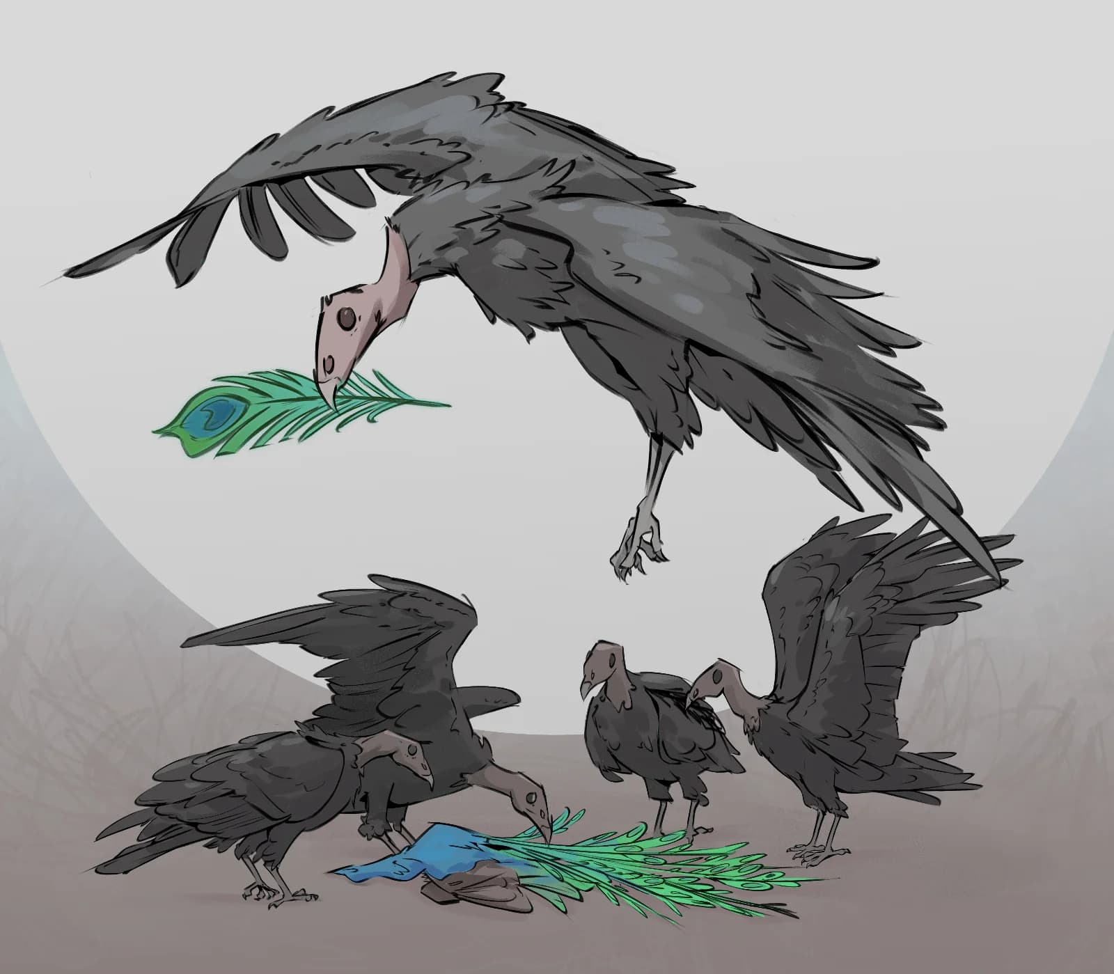 Dark editorial illustration of a flock of vultures gathered on the ground with peacock feathers, one bird descending from above with a feather in its beak