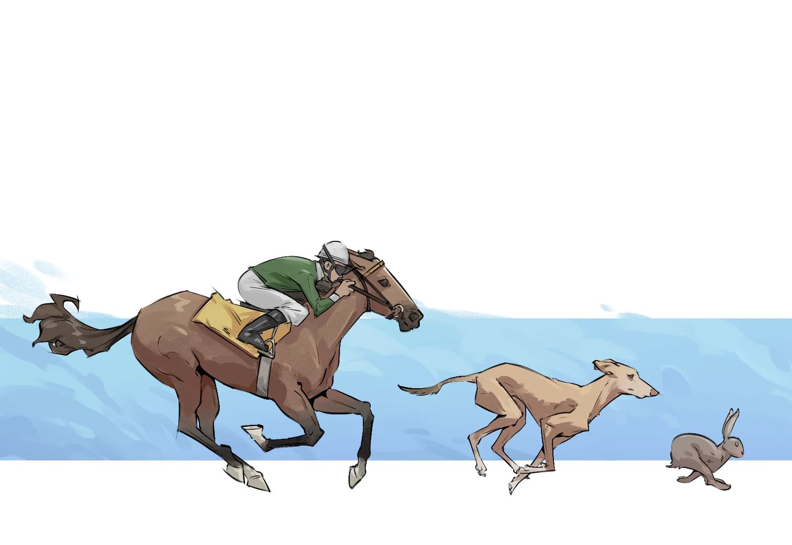 Illustration of a jockey racing a horse alongside a greyhound chasing a rabbit, set against a pale blue background